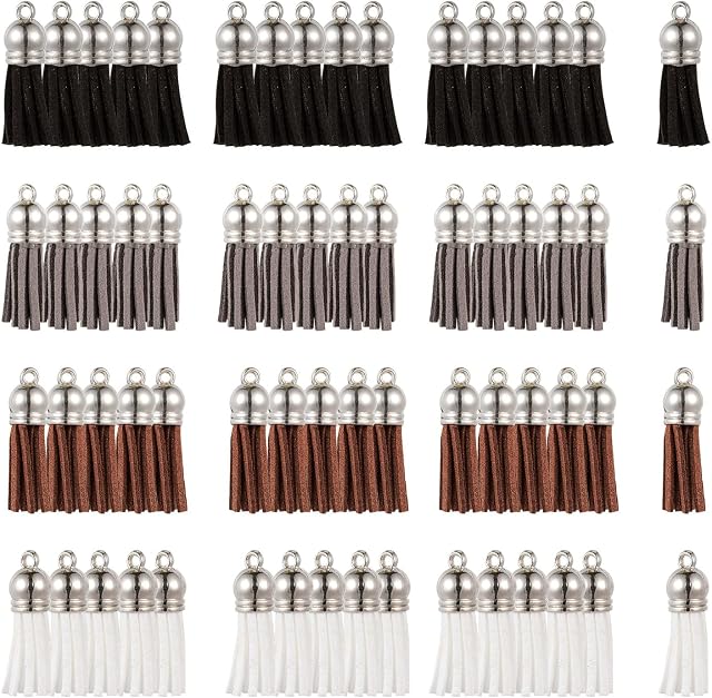 BEEFLYING 60Pcs Faux Suede Tassel Pendant Decorations Mini Retro Charm with Platinum CCB Plastic Cord Ends for DIY Bracelet Necklace Earring Key Chain Jewellery Making Craft Accessories