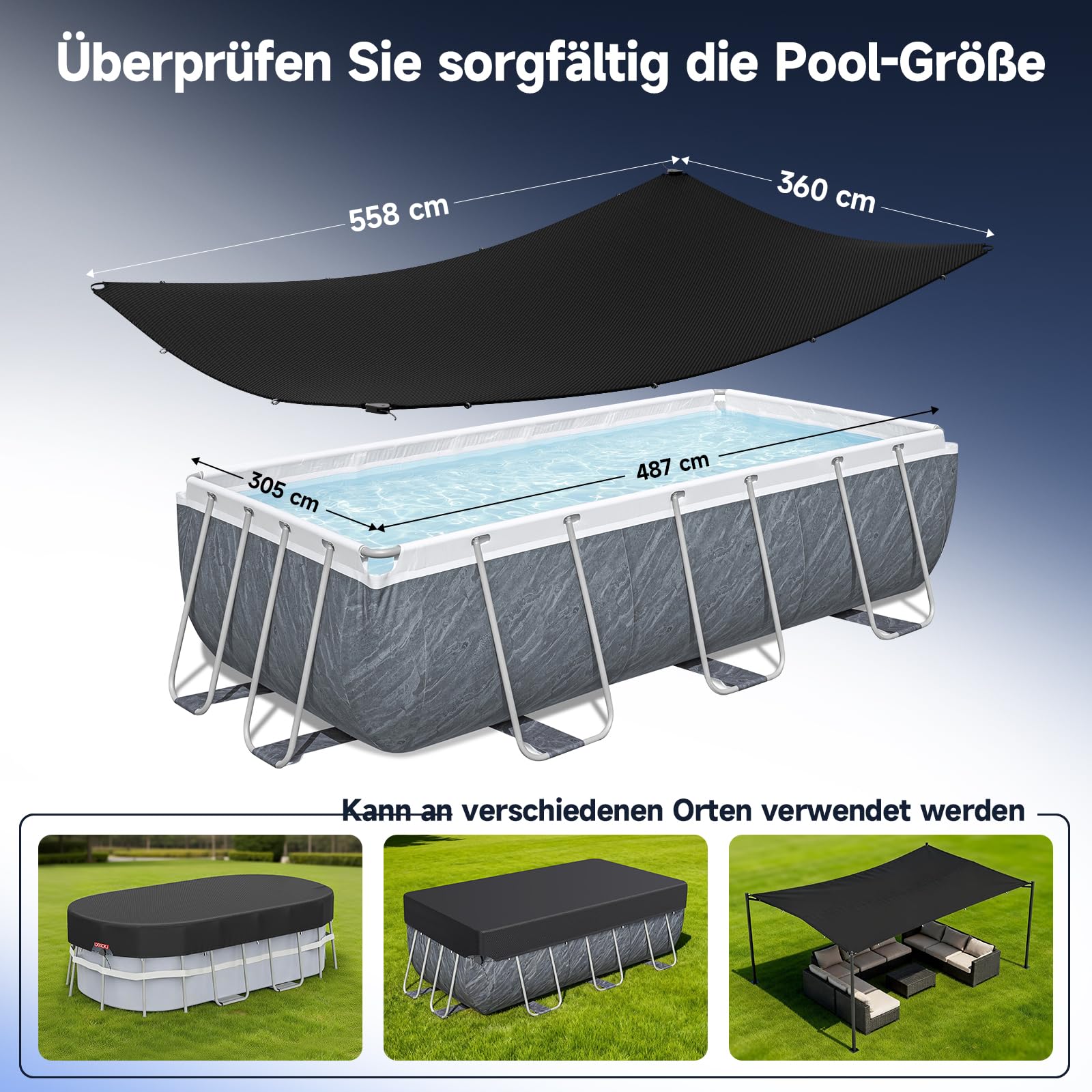 Poolabdeckung Rechteckig für 485x304 cm Pools | Pool Abdeckplane für oberirdisches Schwimmbad Inkl Bodennägel Zubehör + Seilspanner | Solarplane & Pool Winterabdeckung | 570x 365 cm Pool Abdeckung