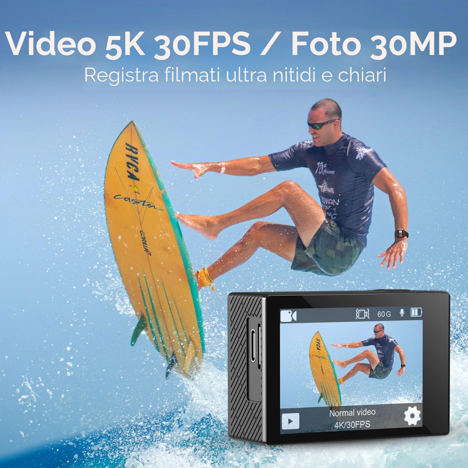 Speed 10 Action Cam,64 GB videocamera sportiva 5K a 30 FPS, 30 MP impermeabile fino a 40 m, Wi-Fi, ultra grandangolo 170°, Action Camera Ice, zoom 5x con telecomando e 2 batterie da 1350 mAh