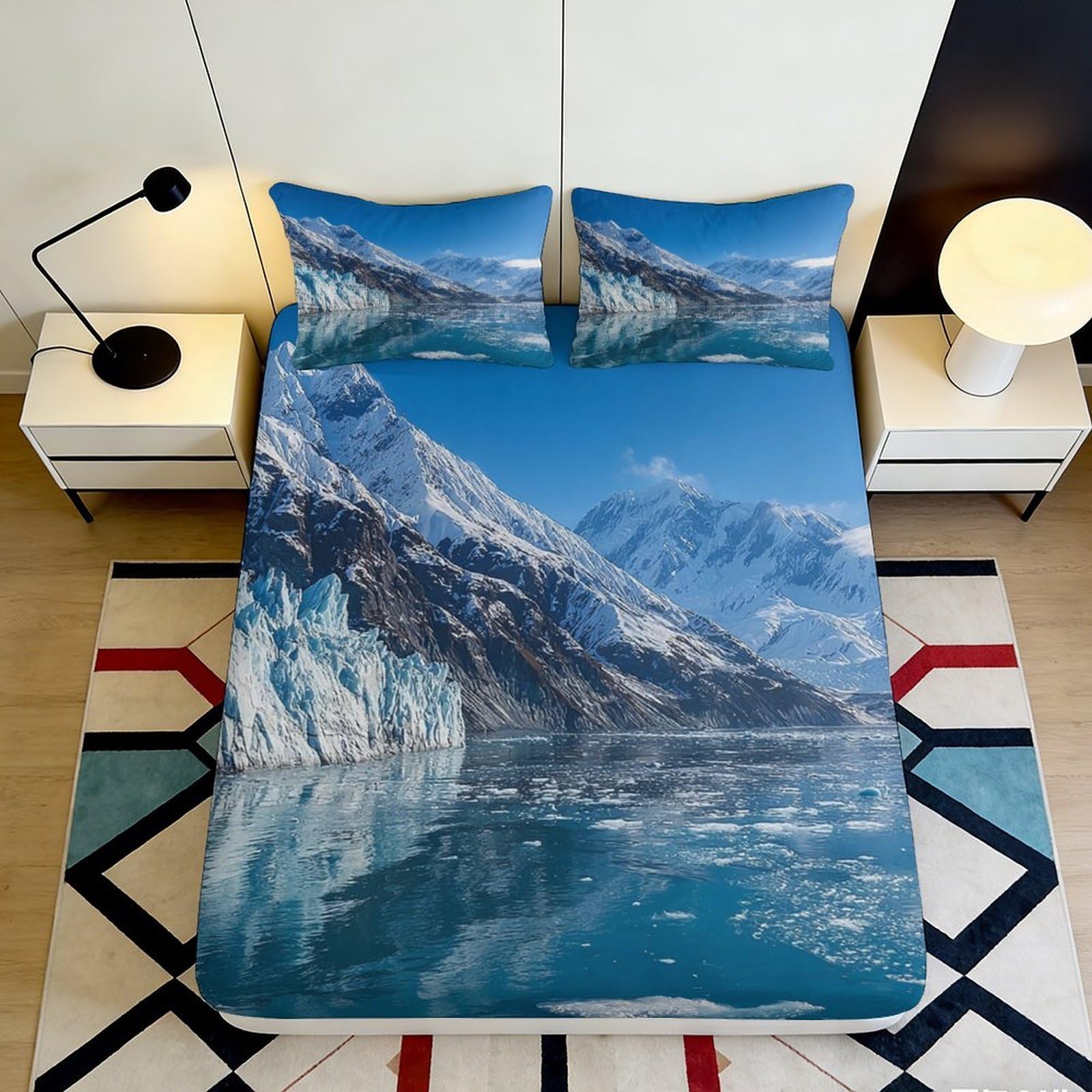 3D Printed Glacier Mountain Fitted Sheet Microfiber Anti-Slip Arctic Lake Mattress Cover for Bedroom Guest Room Decor 180x200x25cm