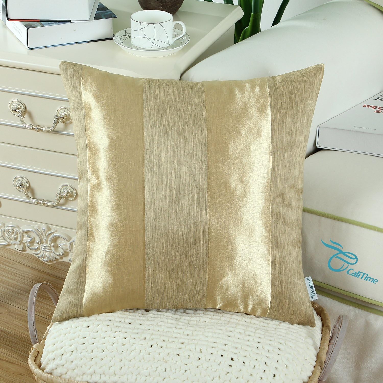 CaliTime Pack of 2 Cushion Covers Throw Pillow Cases Shells for Couch Sofa Home Decoration Modern Shining & Dull Contrast Striped 20 X 20 Inches Gold