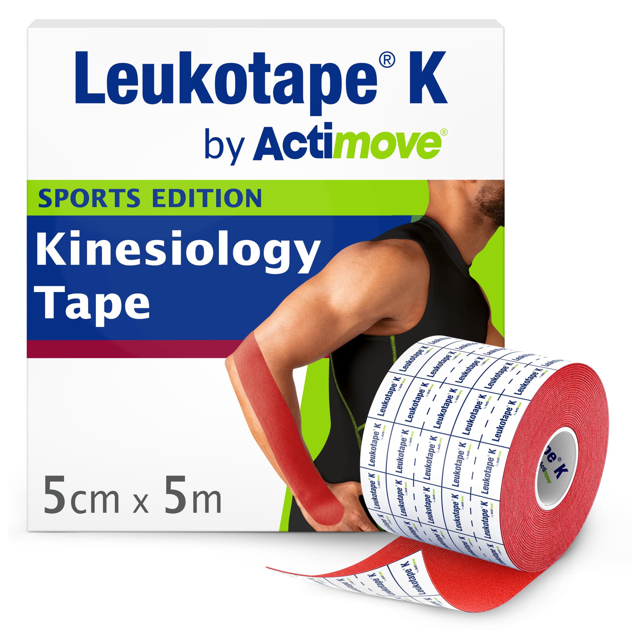 Leukotape K by Actimove Sports Edition Kinesiology Tape for Muscle Support and Pain Relief, 5cm x 5m, Red, 1 Roll