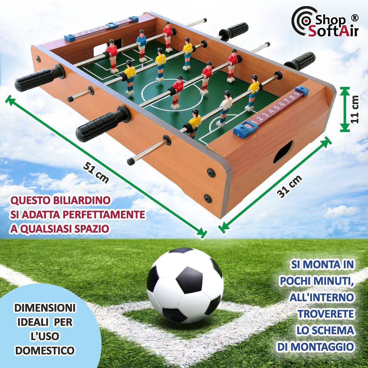 Calcetto Balilla Biliardino da Tavolo Shop SoftAir con Piedi Grandi o Senza Piedicm Aste con 3 Giocatori Segnapunti e 2 Palline da Gioco (Senza Piedi Small cm 51x31x11)
