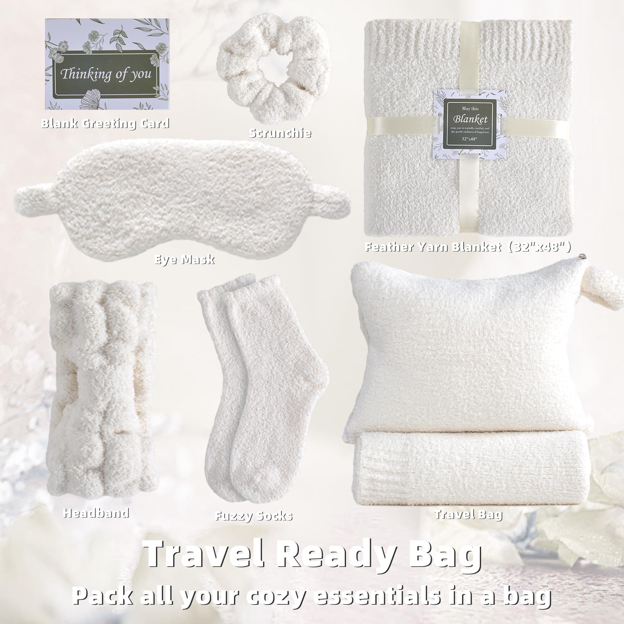 Cesta de regalo acogedora para mujeres con manta, calcetines peludos, máscara de ojos, diadema Cozy Essentials, cestas de regalo de cumpleaños, canastas de regalo para mujer, regalos blancos