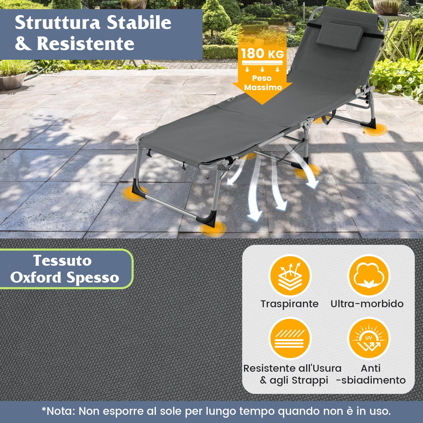 COSTWAY Lettino Prendisole Pieghevole Portatile, Lettino da Spiaggia con Fori per Viso e Braccia, Cuscino Poggiatesta e Tasca, Schienale Regolabile, per Mare e Piscina, Portata 180 kg (Grigio Scuro)