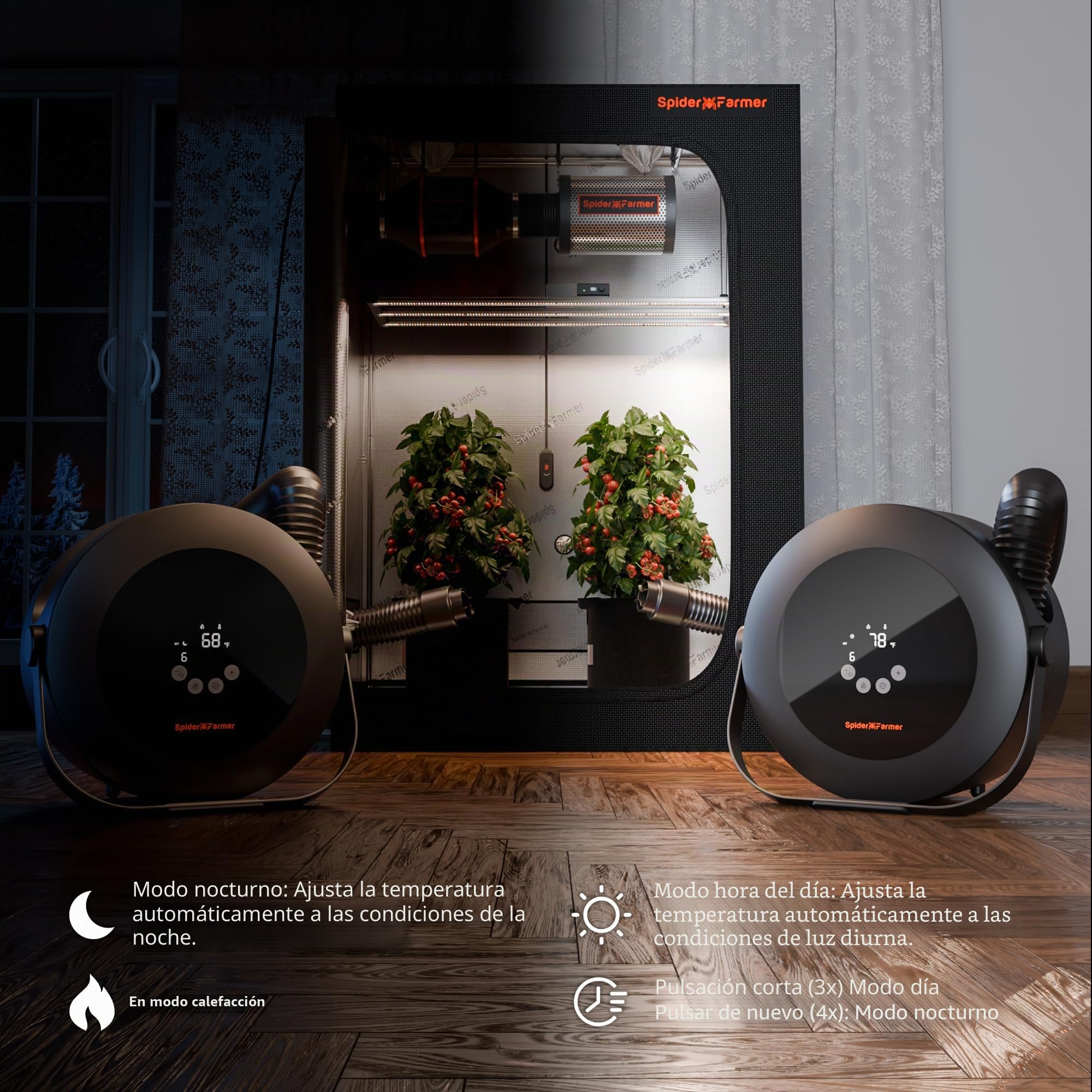 Spider Farmer Calefactor de 540 W, regulación inteligente de la temperatura, ahorro de energía, silencioso, 4 modos y temporizador de 24 horas, calefacción de 10 PTC y tubo de ventilación, adecuado