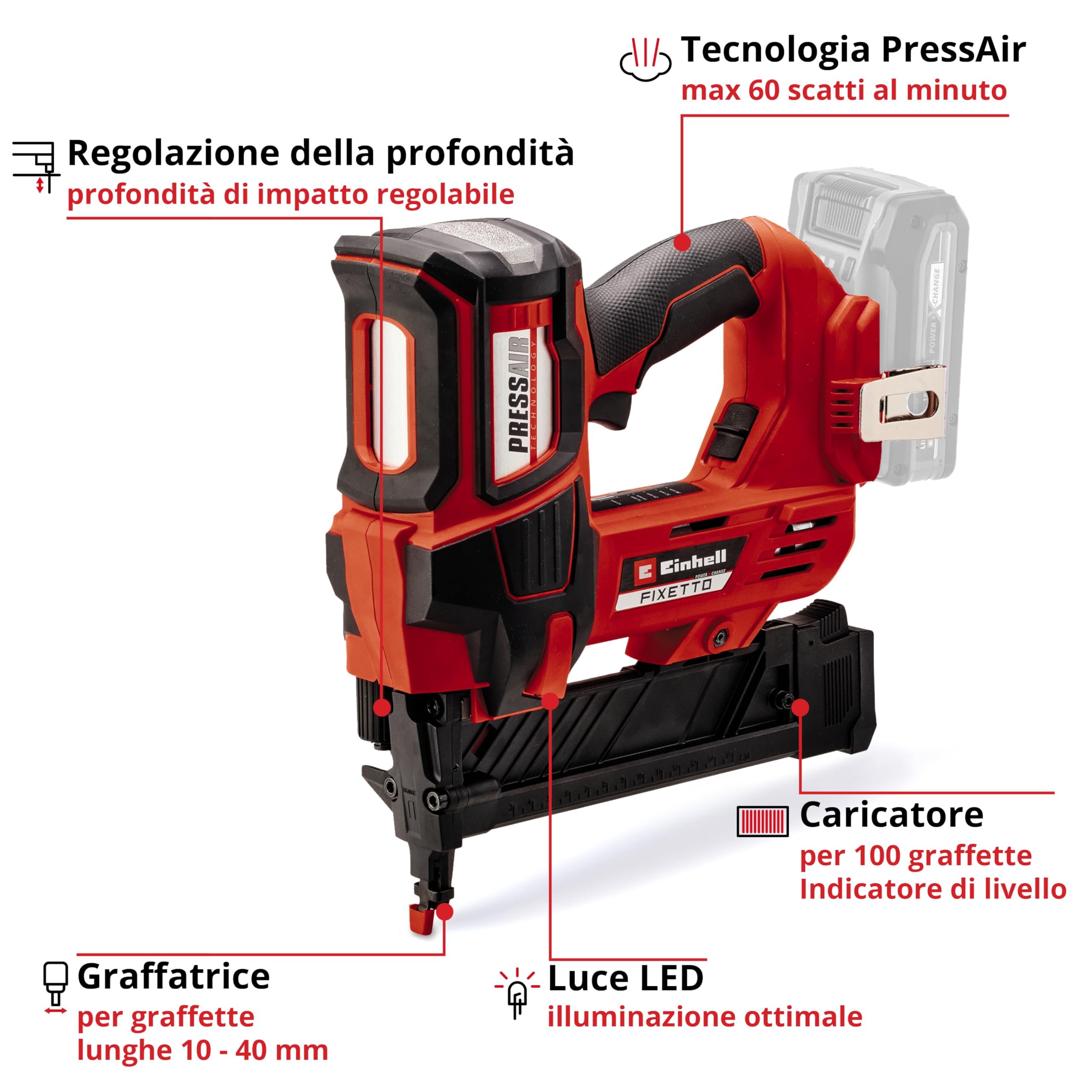 Graffatrice a batteria Einhell Professional FIXETTO 18/40 S Power X-Change (18 V, 60 spari/min, graffette lungh max 40 mm, regol. profondità, Colpo singolo/serie, incl. 500 graffette, senza batteria)