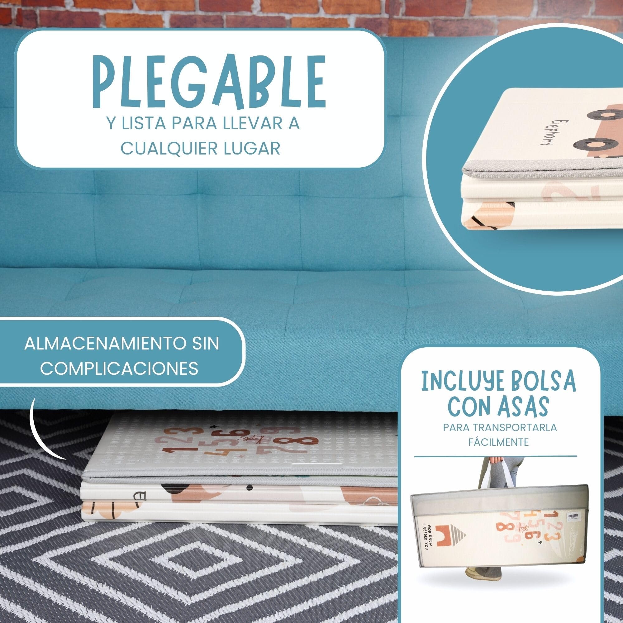 HUBORNS - Alfombra bebé plegable acolchada 200×180 cm para juegos y gateo, manta de actividades impermeable y reversible, tapete infantil antideslizante, regalo ideal recién nacidos (Mapa XL)