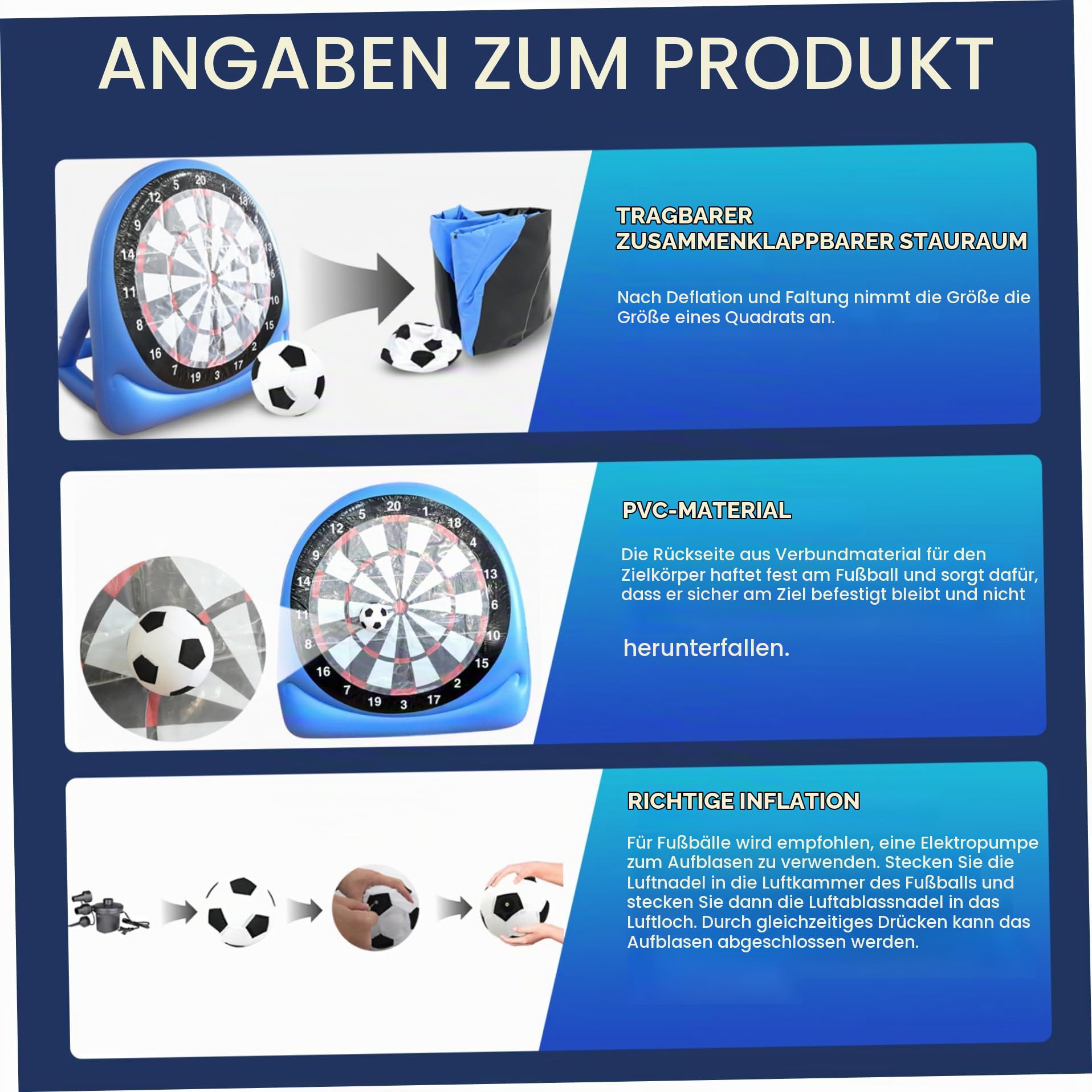 Fußball-Darts aufblasbar, riesiges aufblasbares Fußball-Darts-Board mit klebrigen Bällen, tragbares Outdoor-Hofspiel für Garten, Strand, Partyspaß