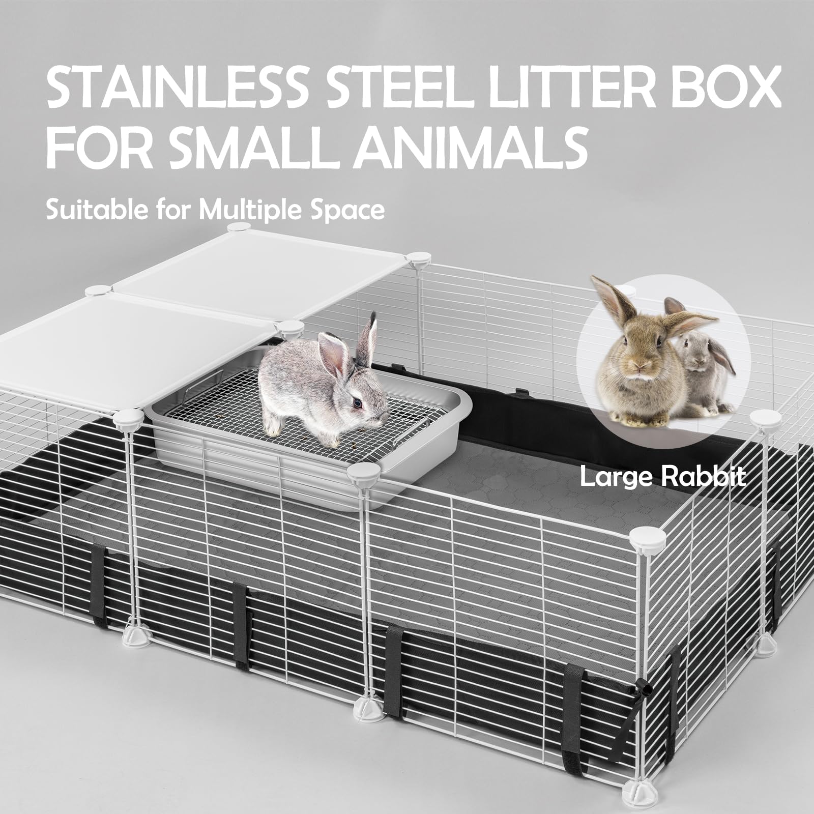 MEEXPAWS Rabbit Litter Box Stainless Steel, Large Bunny Litter Box with Raised Grid and Washable Pee Pad, Metal Litter Pan High Side for Rabbit,Small Animal Toilet Potty Tray Easy Cleaning,Less Stink - image 6