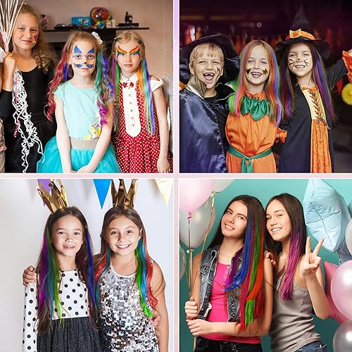 Miniatura 7 de Kyerivs 24 extensiones de cabello con clip de colores para niñas de 20 pulgadas, extensiones largas y rectas para Halloween, cosplay, Navidad,