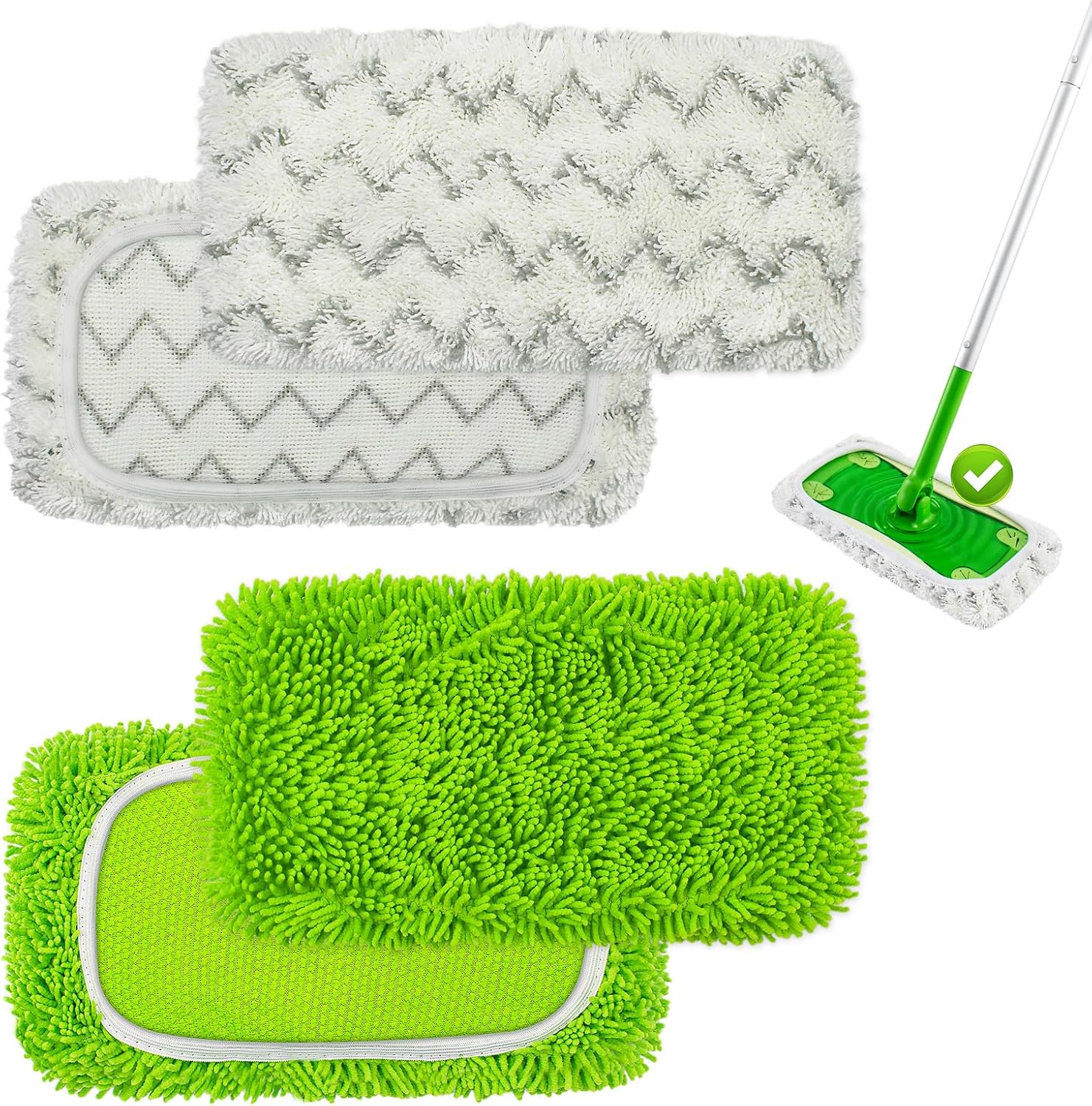 Product image of 4 Pack Reusable Mop Pads Compatible with Swiffer Sweeper Mop,Wet Pads Refill & Dry Sweeping Cloths,Chenille & Microfiber Refill Pads for Wood Floor Cleaning,Washable Wet Mopping Cloths,Green & Gray