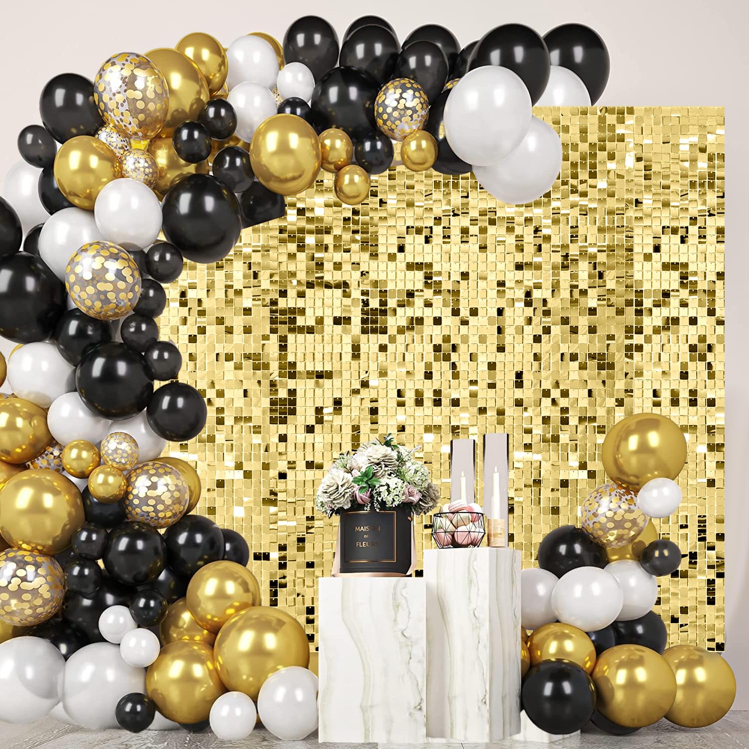MSDADA 36 Pezzi Pannello Decorativo Parete Oro Chiaro, Fondale a Paillettes per Gender Reveal, Battesimo, Festa a Tema 30x30 cm/pz