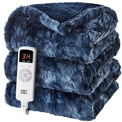 EHEYCIGA Electric Heated Blanket Throw Faux Fur, 10 Hours Auto Shut Off 9 Heating Levels Heating Blanket Throw, Soft Warm Heated Blanket Fast Heating Navy Blue, Faux Fur & Sherpa