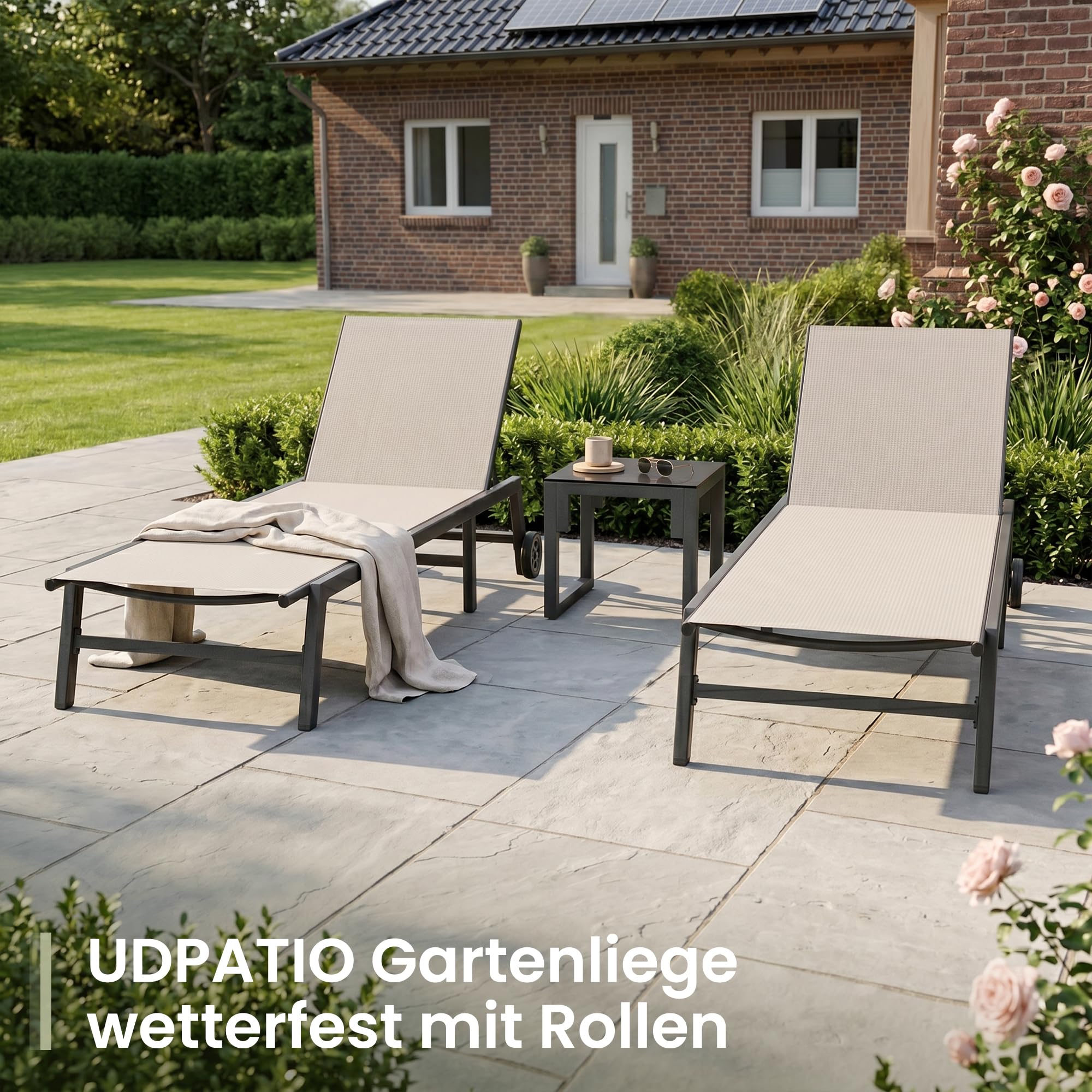 UDPATIO Sonnenliege 2er Set mit Tisch, Gartenliege wetterfest mit Rollen, 5-Fach Verstellbar, Relaxliege, Liegestuhl für Garten, Poolbereich, Balkon, bis 150 KG, 3-teilig, Beige
