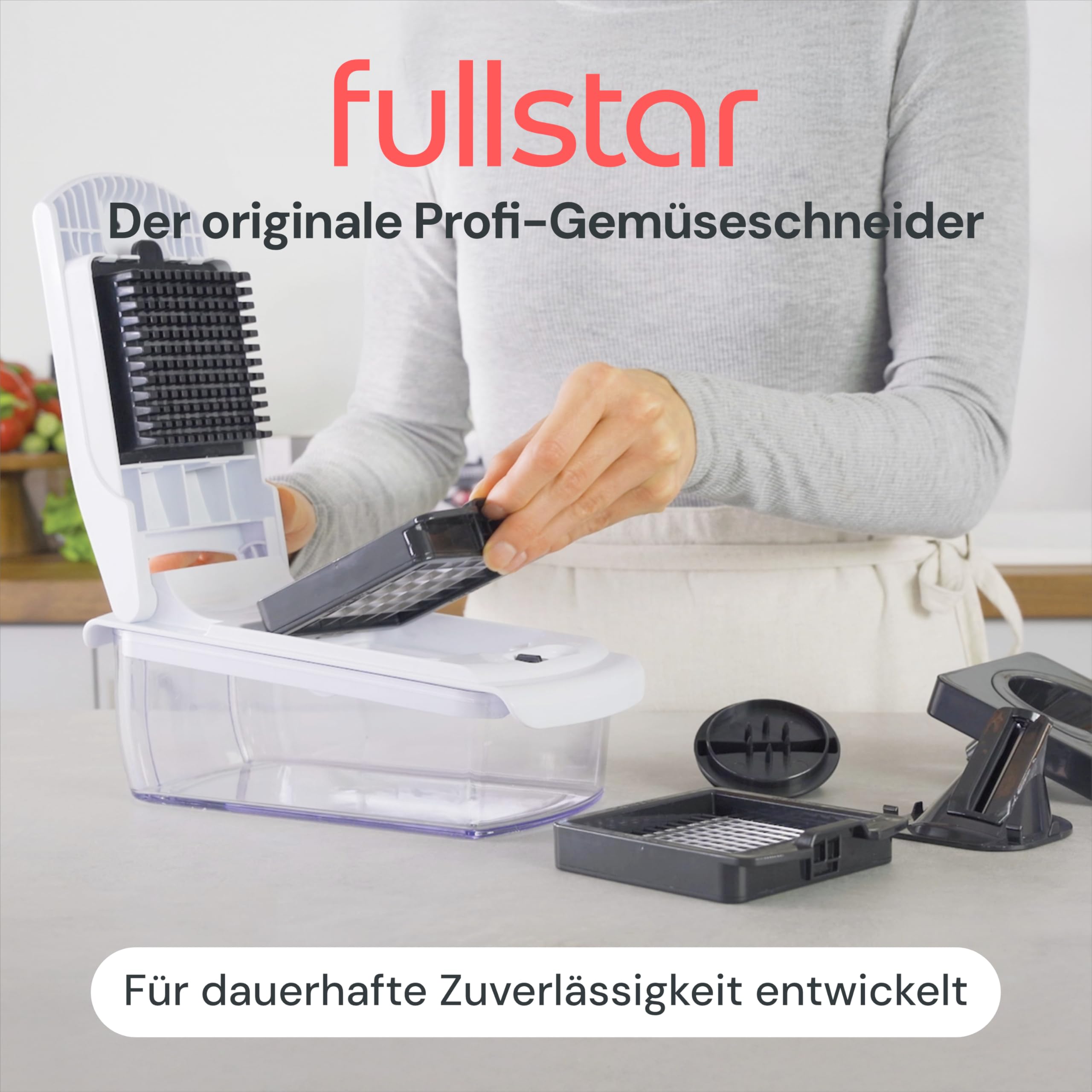 Fullstar Gemüseschneider und Spiralschneider - Zwiebelschneider Zerkleinerer - Gemüse Schneider Würfelschneider für Kartoffeln Gurken Früchte - Küchenzubehör und Küchengeräte (PRO 4-in-1, Weiß)