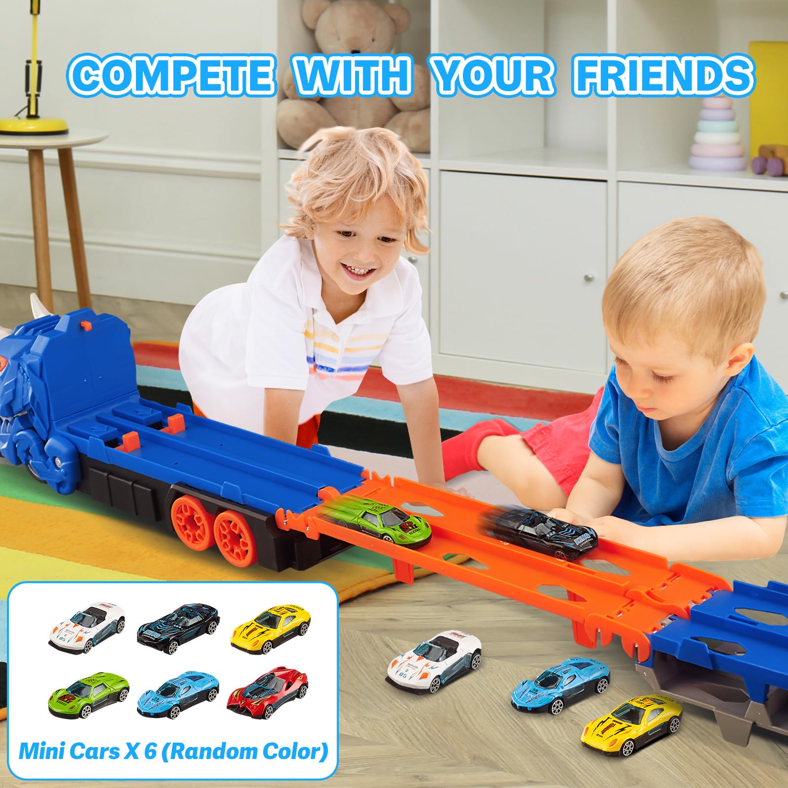 Jumkeet Dinosaurier LKW Spielzeug für Kinder ab 3 Jahren, Transporter Zum Schlucken mit 157cm Faltbarer Rennstrecke und 6 Mini Auto, Aufbewahrungsfunktion, Fahrzeug Sets Geschenk für Jungen Mädchen