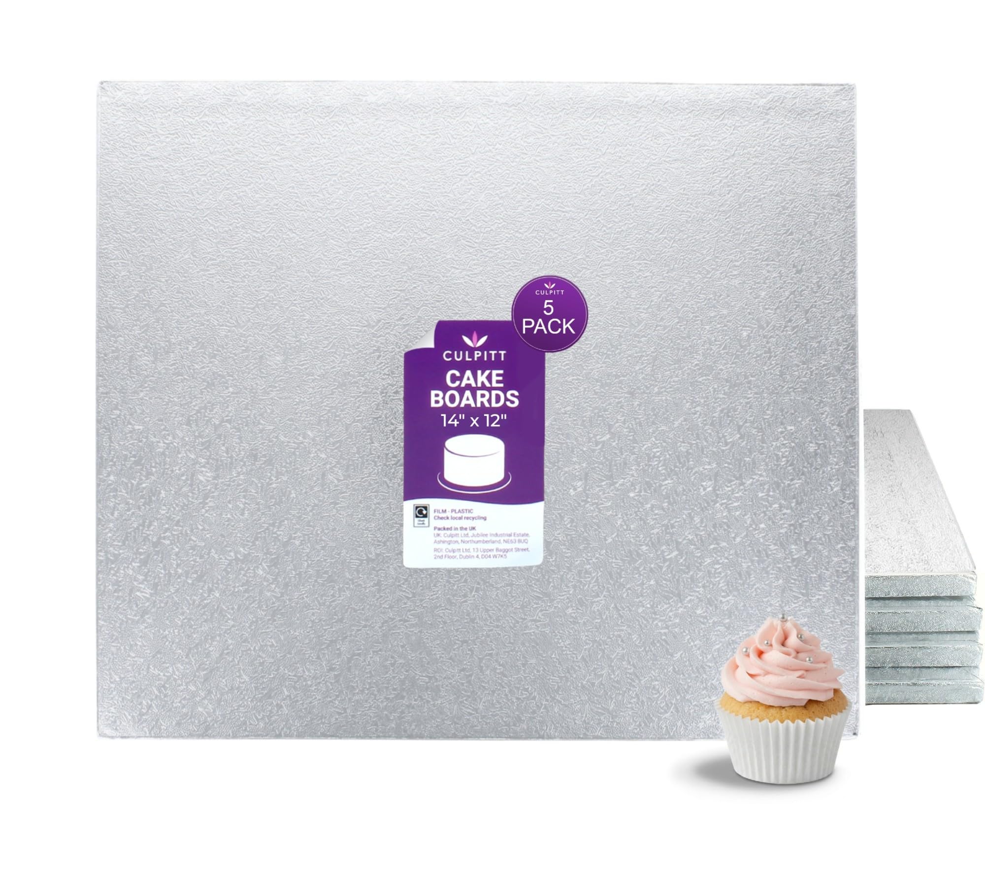 Culpitt Silver 14" X 12" Cake Board | 5 Pack | Oblong Cake Drum, Rectangular, 0.5 Inch (13Mm) Thick, Pack Of 5 Boards For Tray Bakes, Desserts, And Cupcake Displays | - Pack Of 5