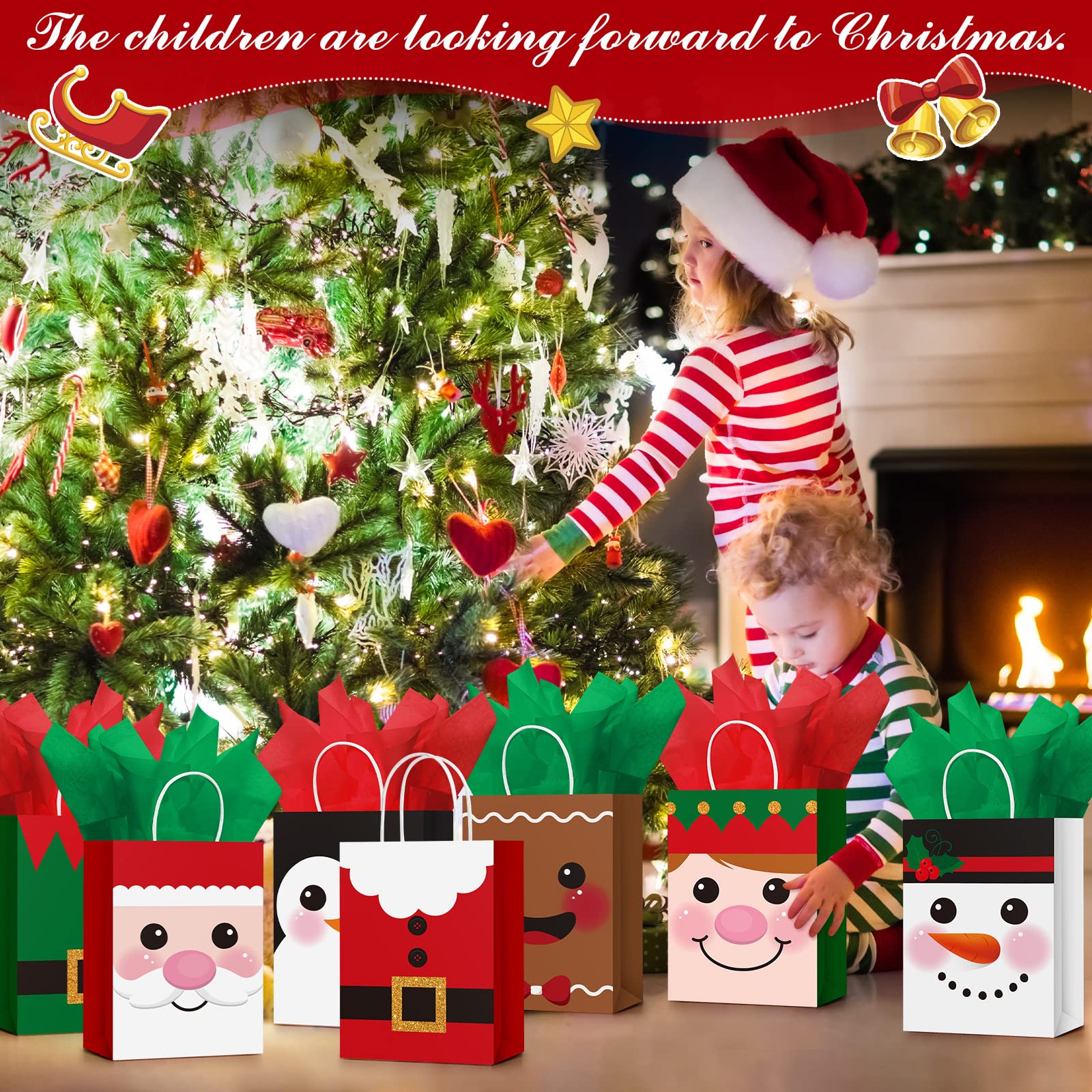 Lot de 24 sacs cadeaux de Noël en papier de soie avec poignées en vrac pour emballage cadeau de Noël, fournitures de fête de vacances (mignon, taille M)