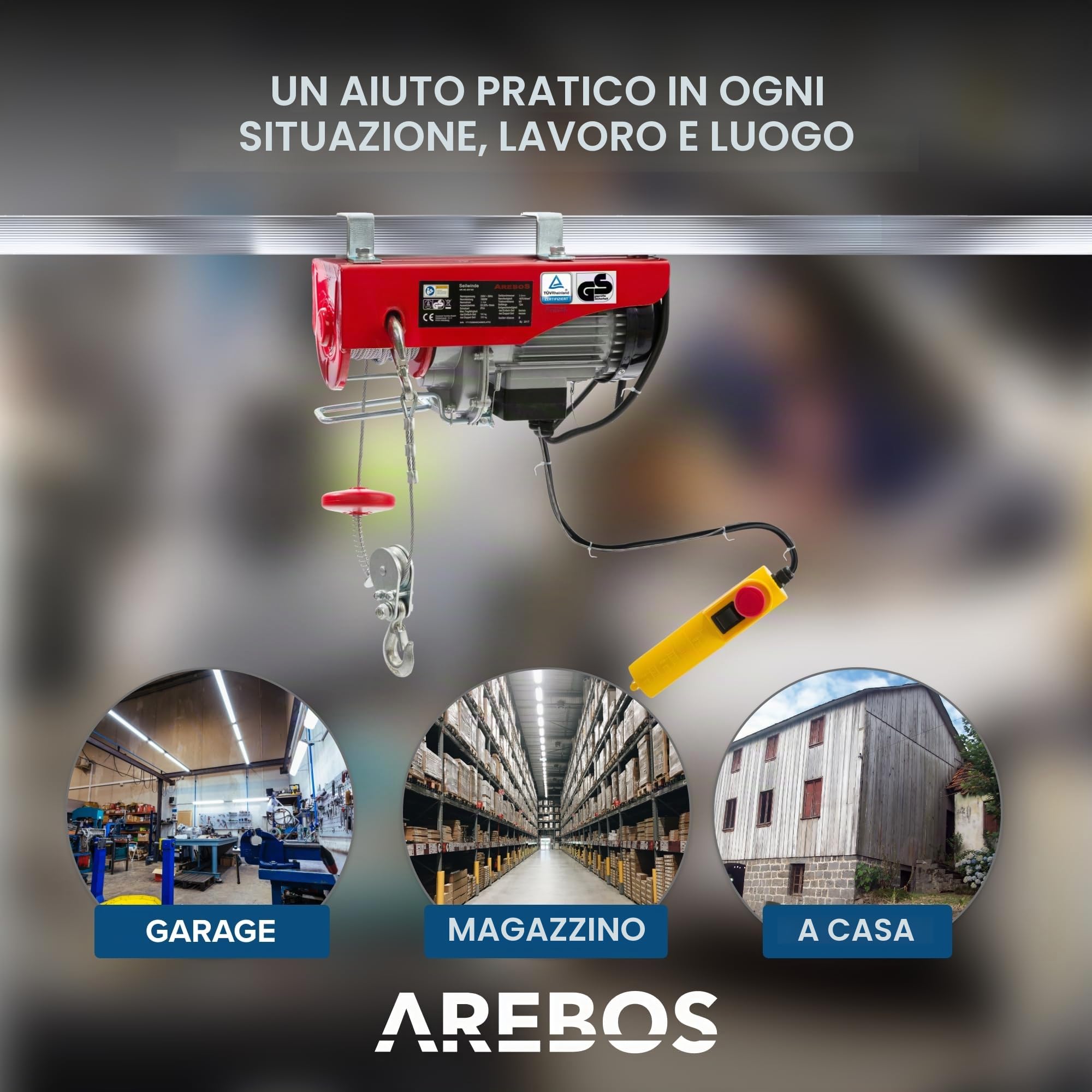 Arebos Paranco Elettrico | 100/200 kg | 500W | Verricello Elettrico | Montacarichi Paranchi Elettrici con Telecomando | altezza di sollevamento 12m | Verricellomontacarichi di Sollevamento