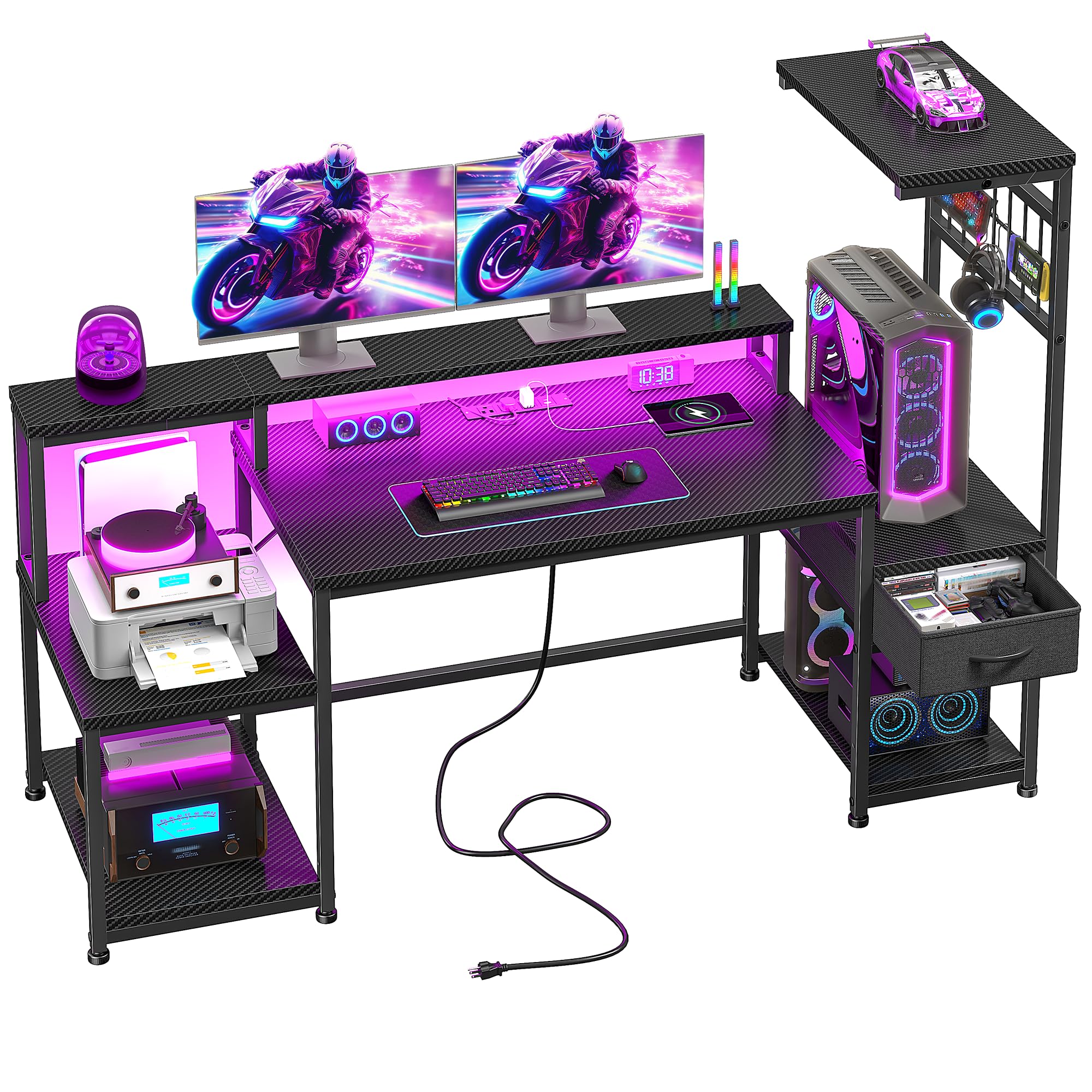 DurayLoly 55" Gaming Desk with LED Lights & Outlets,Computer Desk with Drawers & Monitor Stand,Gaming Table with Storage Shelves & Printer Space for