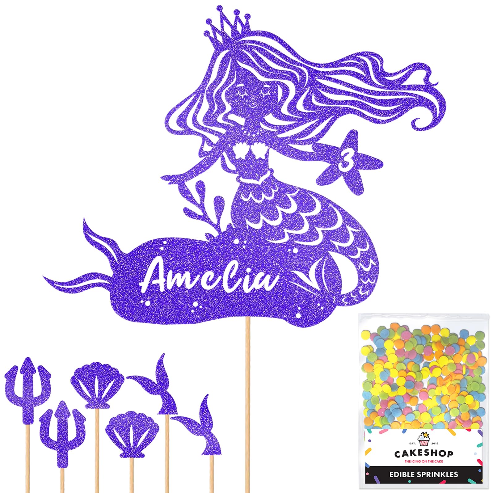Personalised Birthday Mermaid Glitter Cake Topper- Bright Blue Any Custom Age & Name Glitter Cake Decoration and Sprinkles - Happy Birthday Decorations - Personalised Toppers for Cakes by Cakeshop — image 1