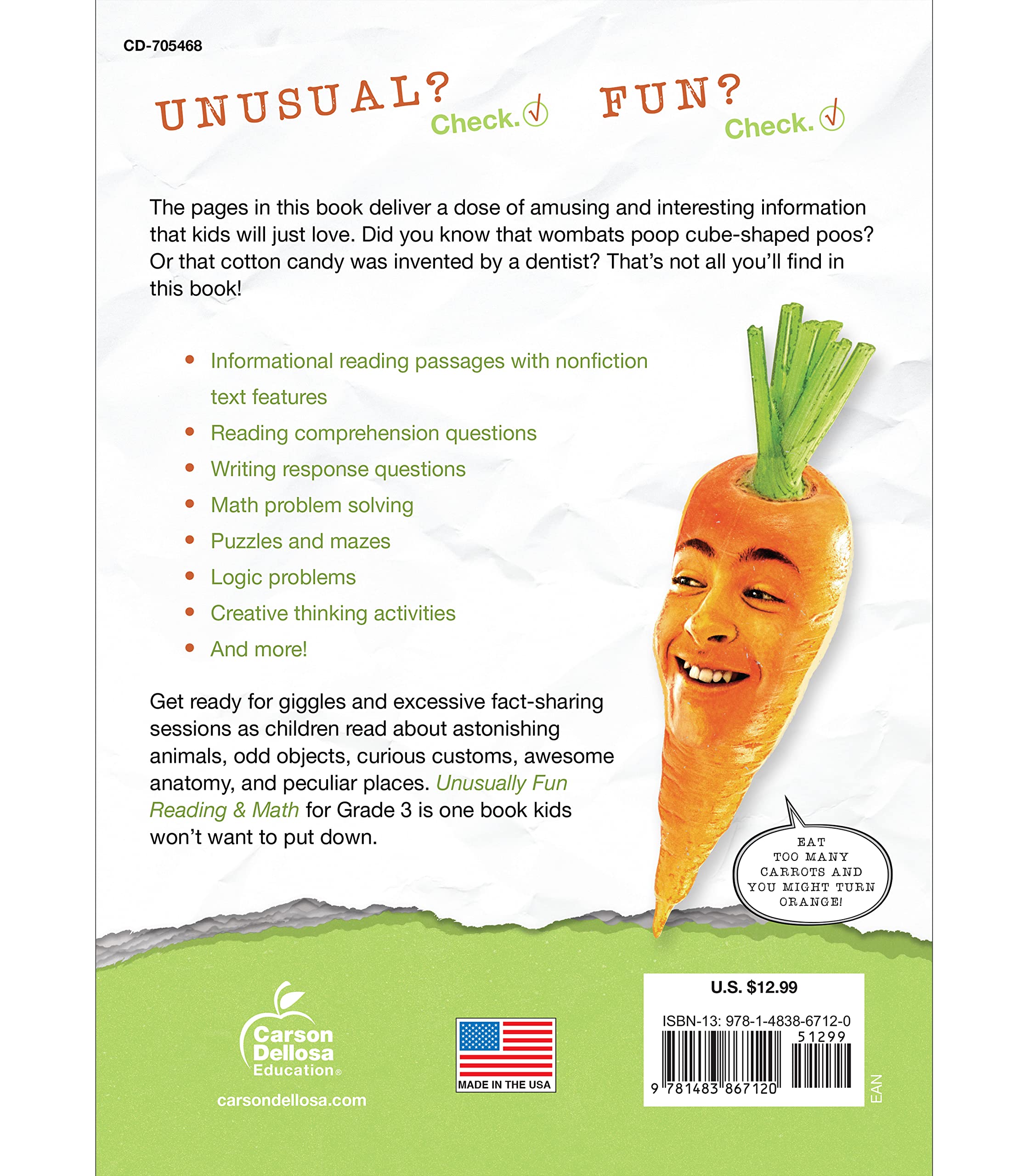Carson Dellosa Unusually Fun Math and Reading Comprehension 3rd Grade Activity Book, Puzzles, Mazes, Brain Teasers and More, Workbook With Fun Facts About Animals, Plants, Places, Anatomy and Oddities - Image 2