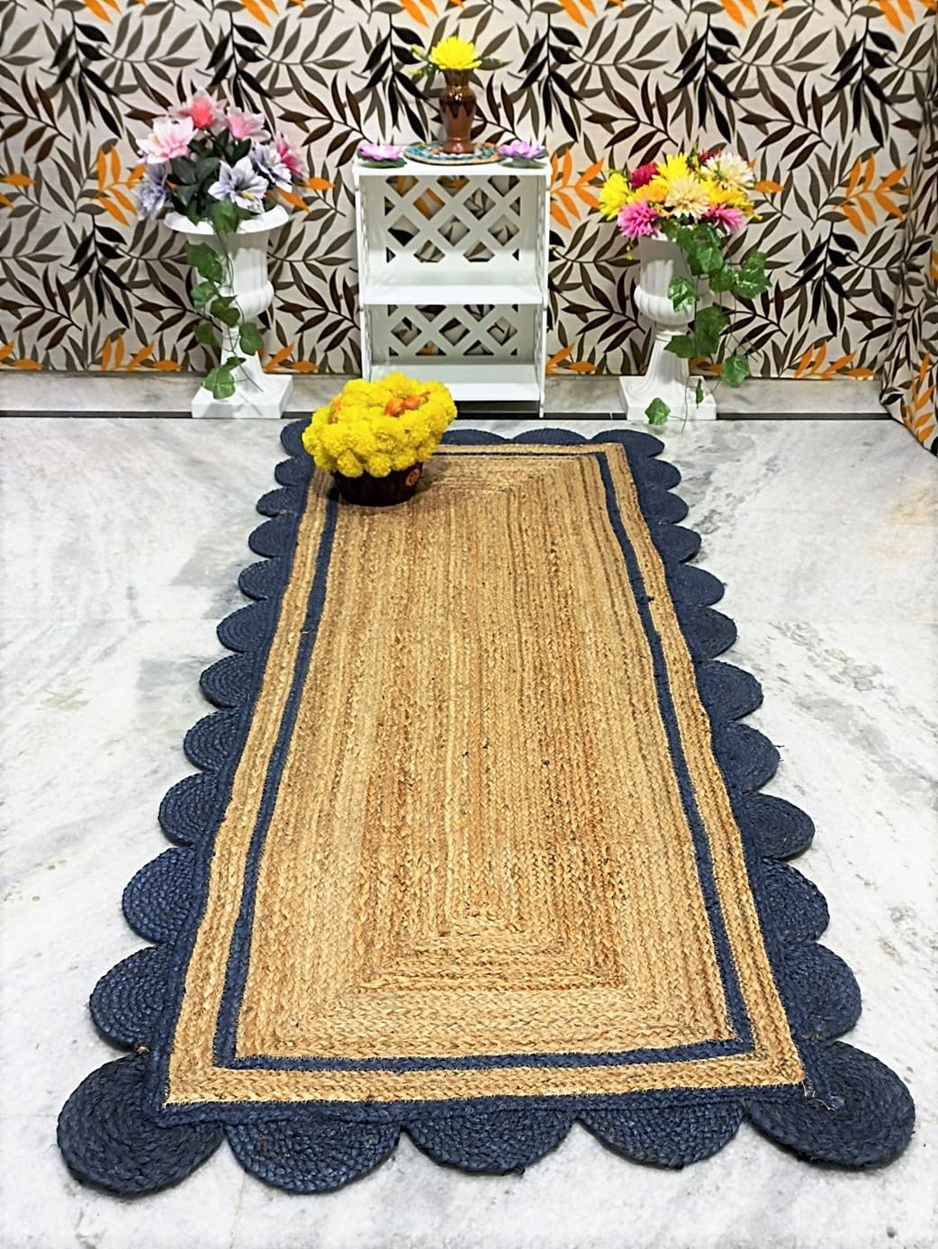 Handmade Braided Natural Jute with Navy Blue Scalloped Design Area Rug, Home Décor Rug, Jute Rug for Bedroom, Dining Room, Living Room, Doormat Rug Size - 2.6' x 12' (78 cm x 360 cm) — image 1