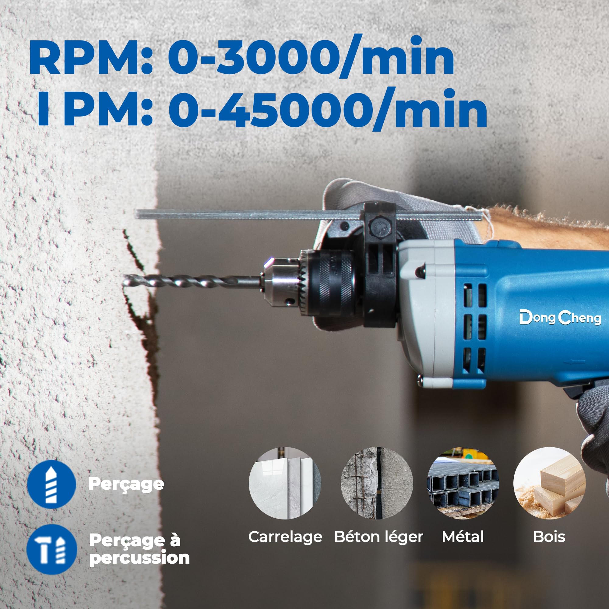 DongCheng Perceuse à percussion Marteau perforateur 710W 13mm mandrin 45000 IPM 3000 RPM 15 couronnes perçage métal bois béton