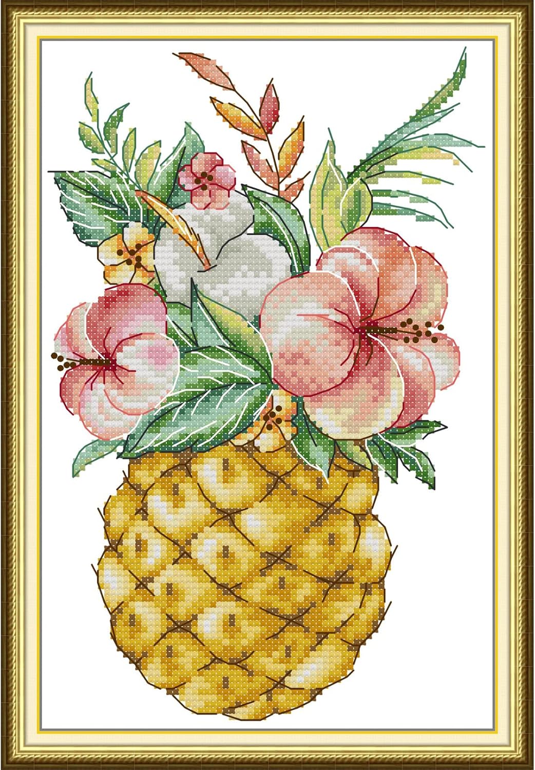 Svarog Stamped Cross Stitch Kits Beginners Full Range of Embroidery Patterns Starter Kits for Adult or Kids DIY Cross Stitches Needlepoint Kits 14CT-Pineapple and Flowers 7.09x10.63 inch