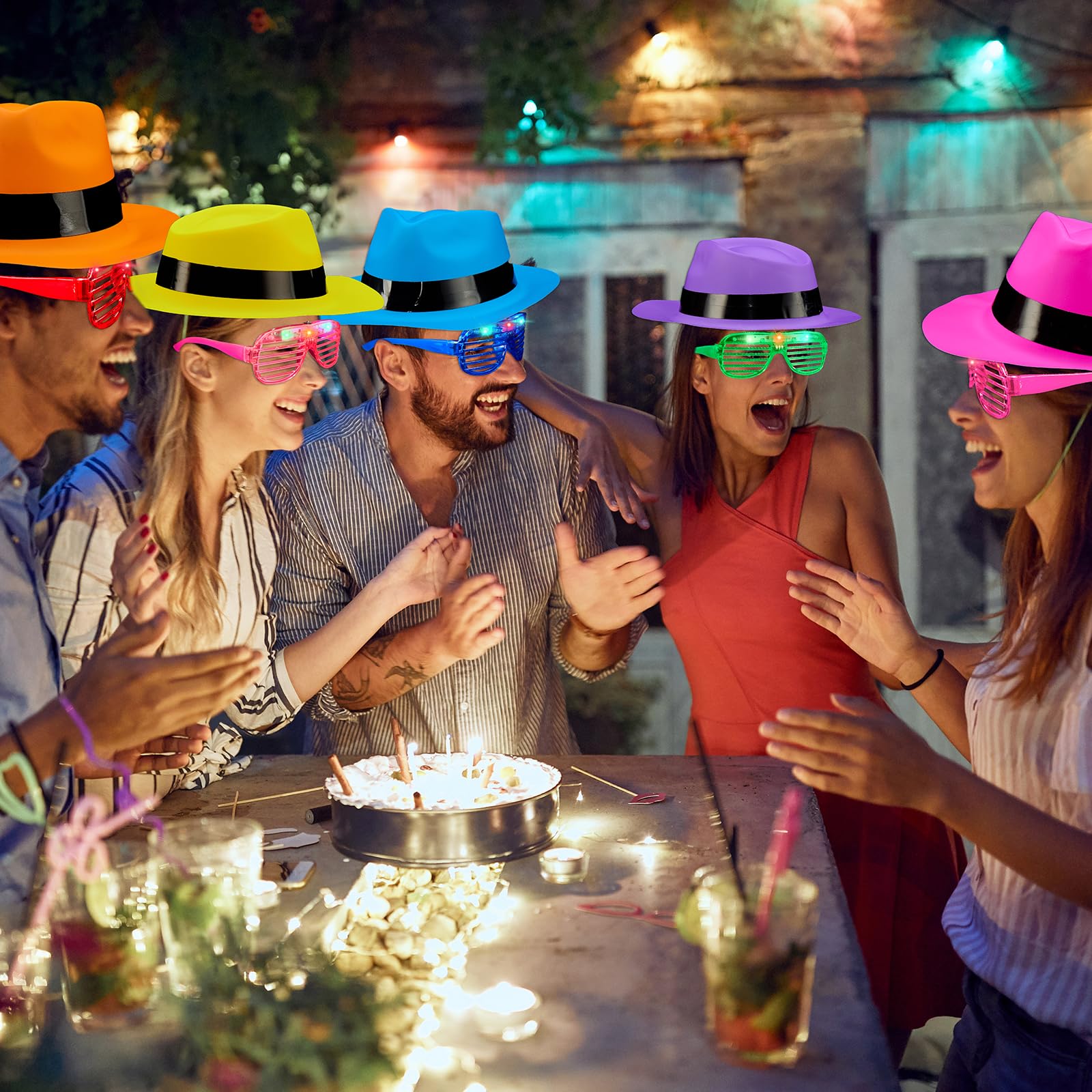 Lot de 60 chapeaux de fête néon avec 30 lunettes lumineuses à DEL en plastique de couleur fluo pour fête des années 80