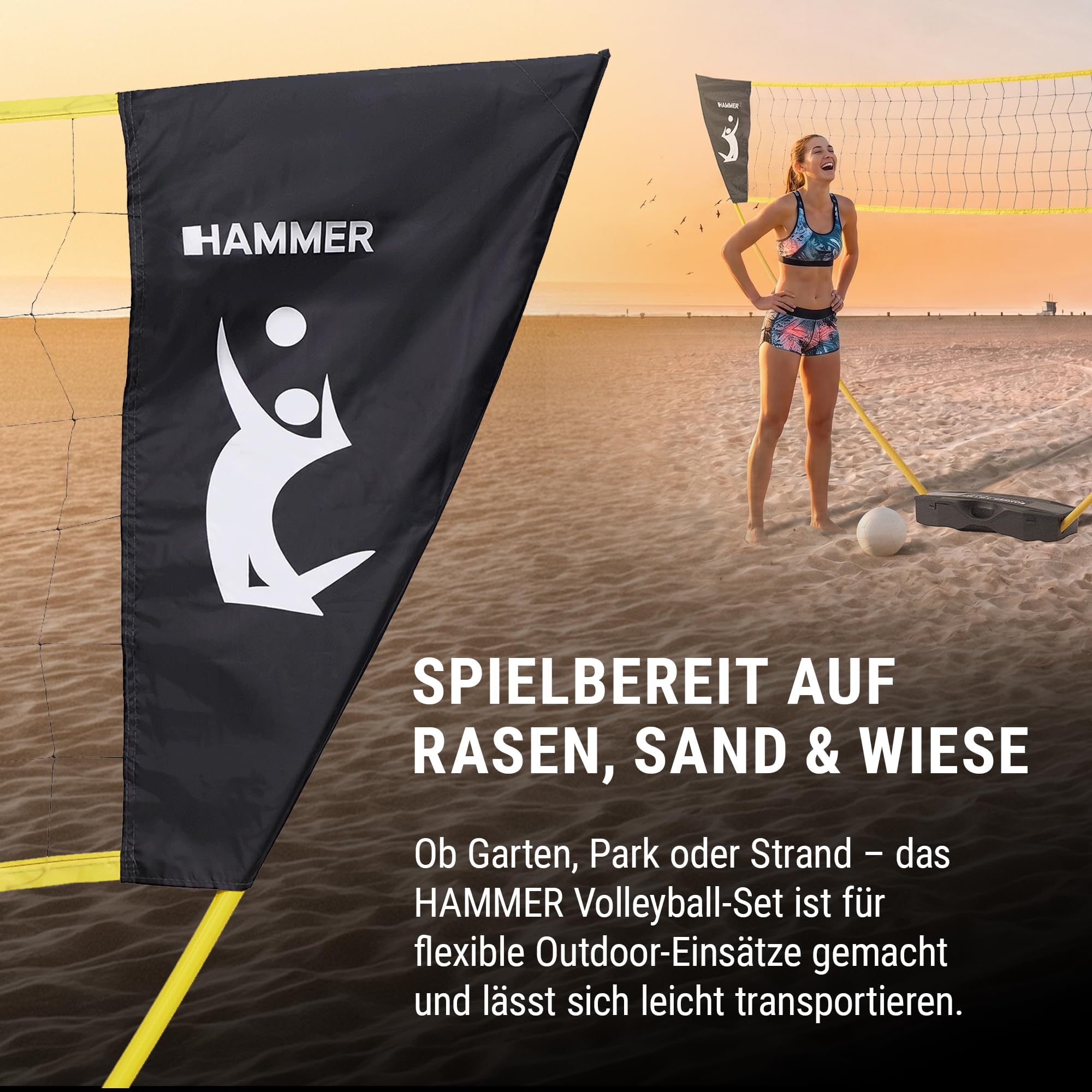 HAMMER Volleyball Netz Set - Volleyball-Set mit Tragekoffer, Pfostenständer, Courtline und Bodenheringe, Leichter Aufbau, Volleyball-Zubehör Spaß für jung und alt