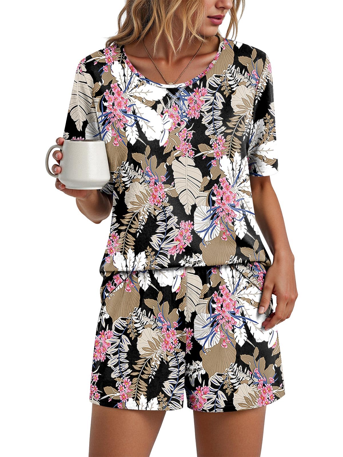 Findsweet Pajama Set for Women 2 Piece Lounge Set Soft Sleepwear Summer Casual Short Pjs Sets with Pockets M-3XL