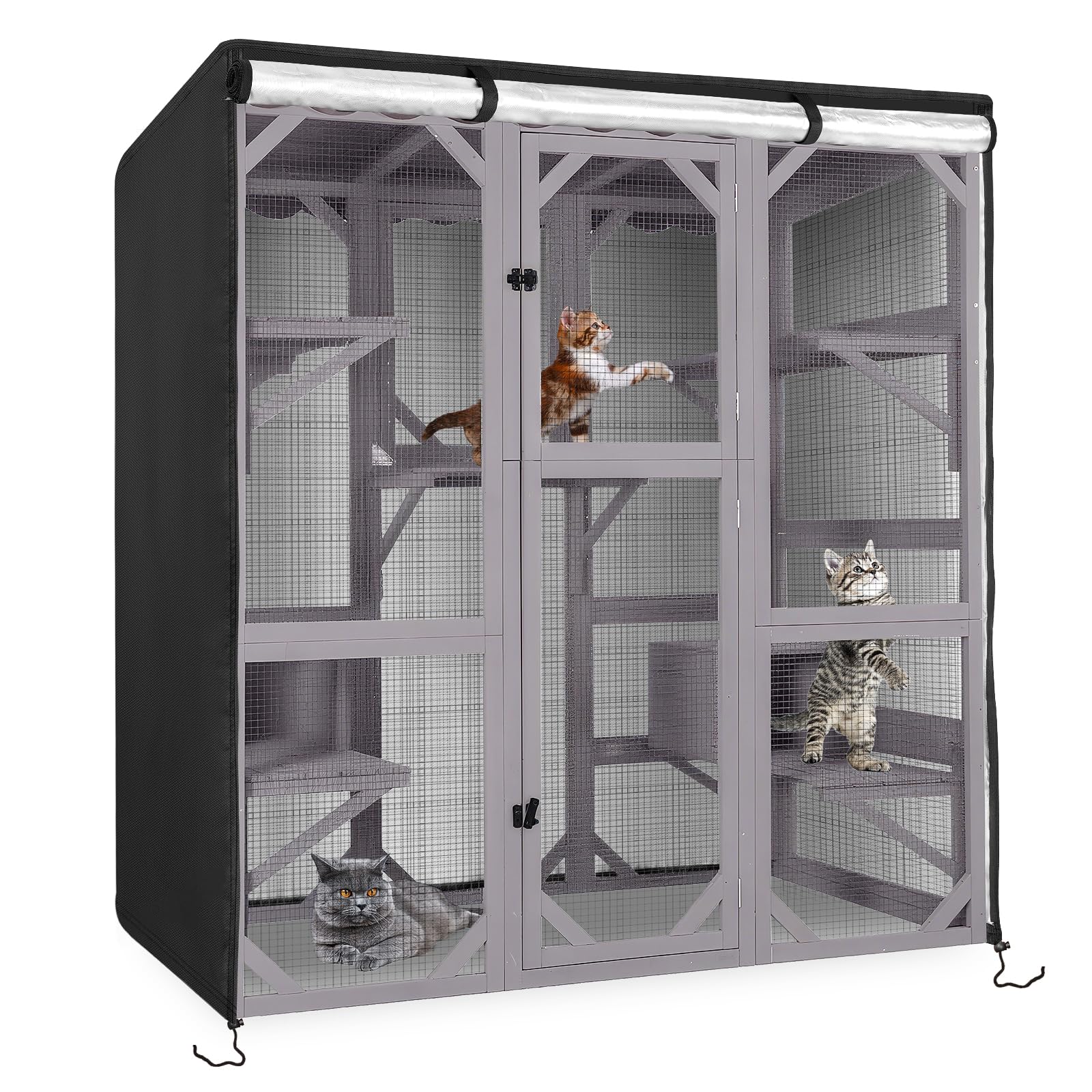 Kingling Outdoor Cat House Cover - Outdoor Cat Cage Cover Waterproof Fits for Large Cat House, Feral Cattery Enclosure Cover for Cat Houses & Condos (Cover Only), Black, 154x78x173 cm