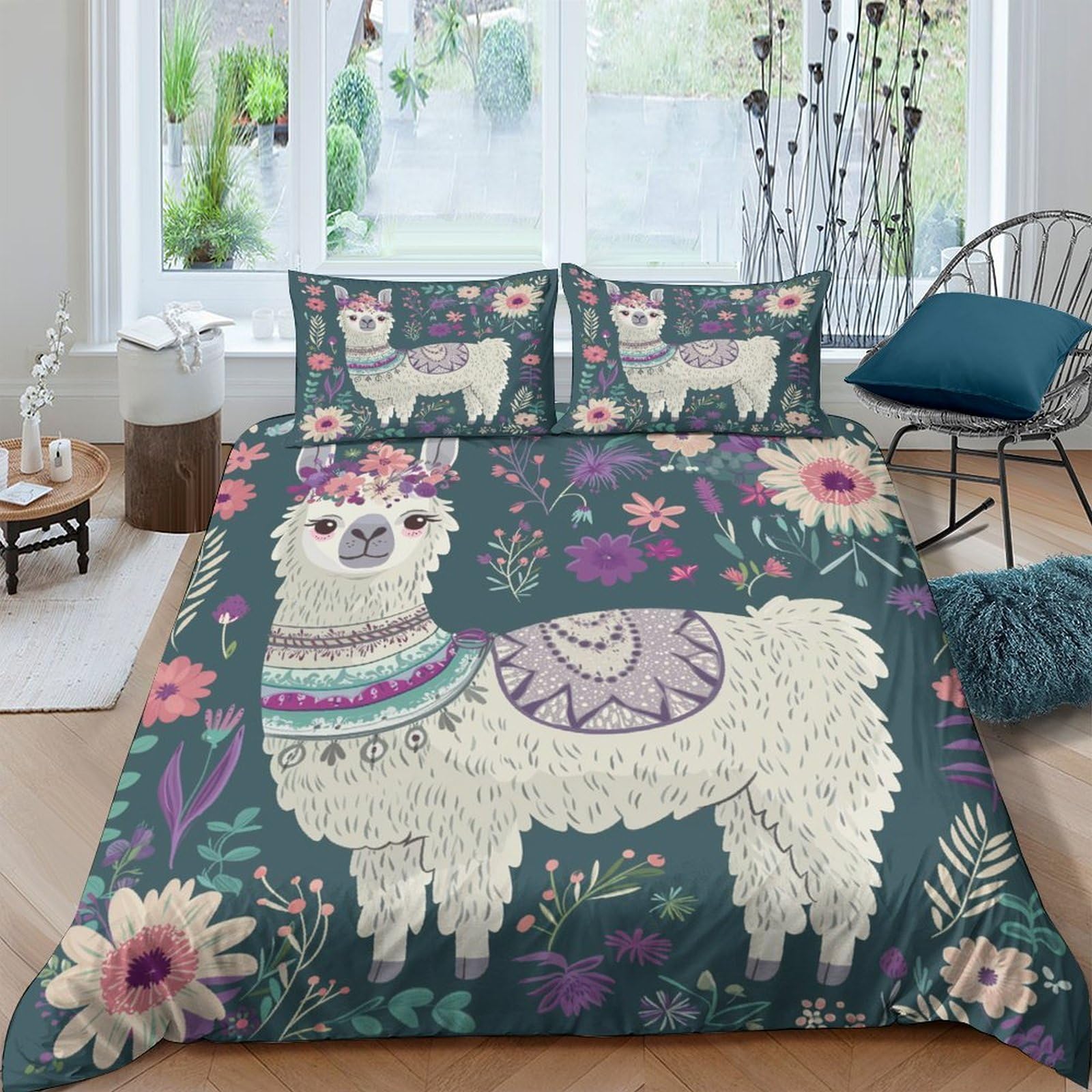 Ctjqhvkz Style-5 3D Printed Llama Floral Fitted Sheet Microfiber Soft Breathable Alpaca Flowers Mattress Cover Bedroom Decor Single（135X200cm）