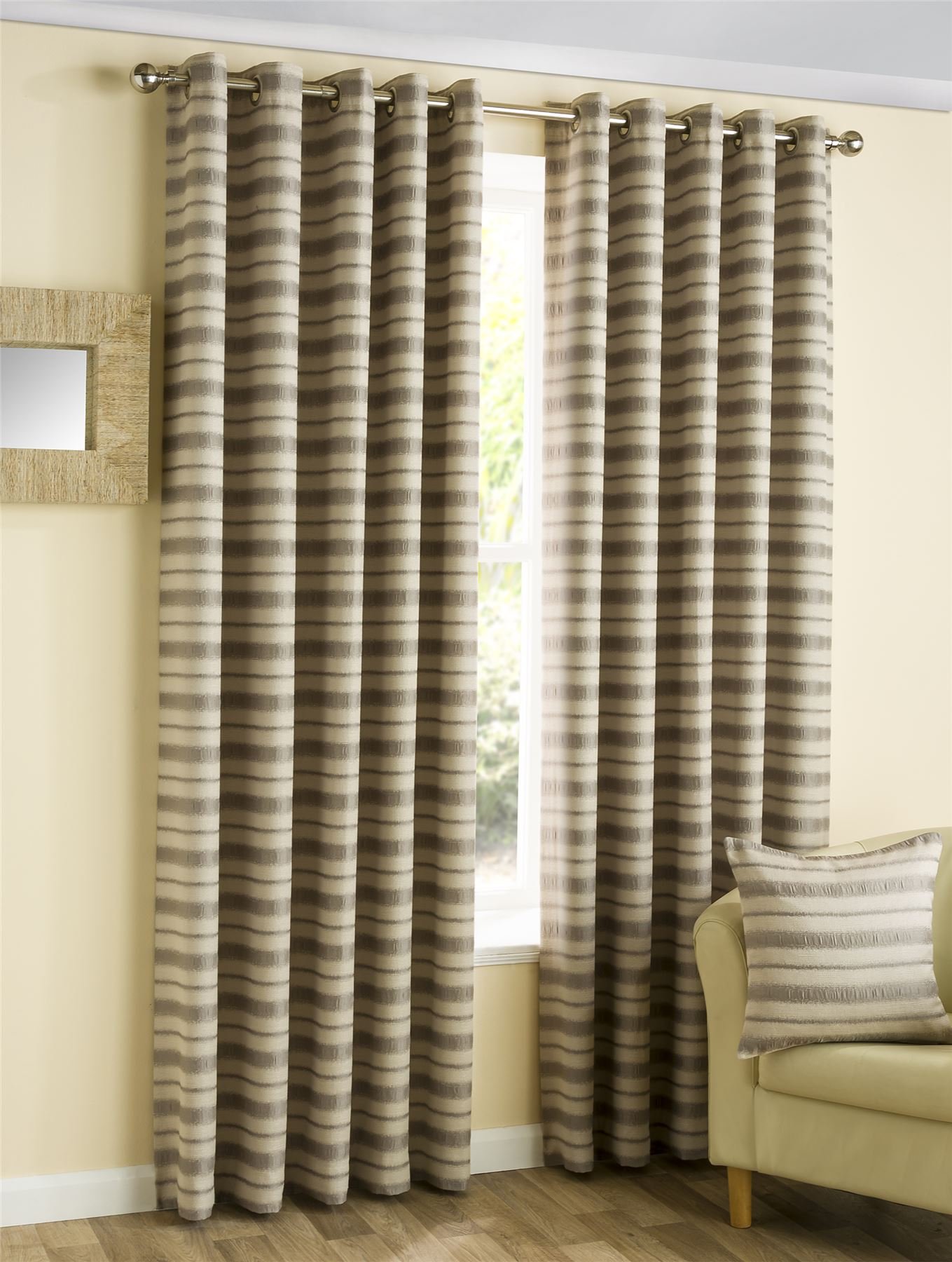 Belfield Furnishings Natural Silver And Beige 'Horizon' Striped Ready Made Eyelet Curtain Pair, 66X90"