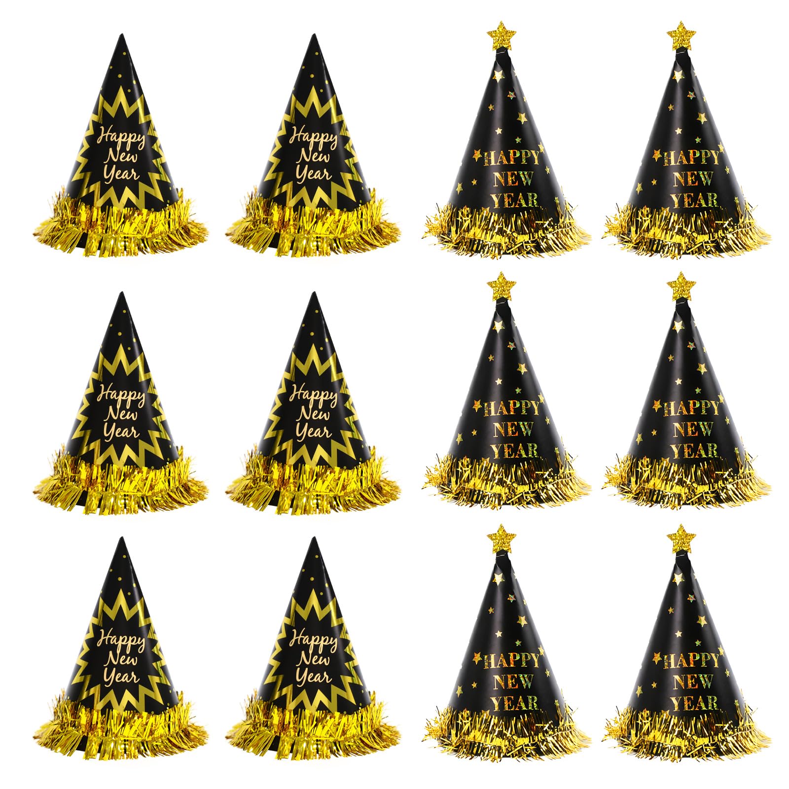 BBXWANG 12PCS Black and Gold Happy New Year Party Hats, Eve Party Supplies and Decorations (Tassel + Star Style)