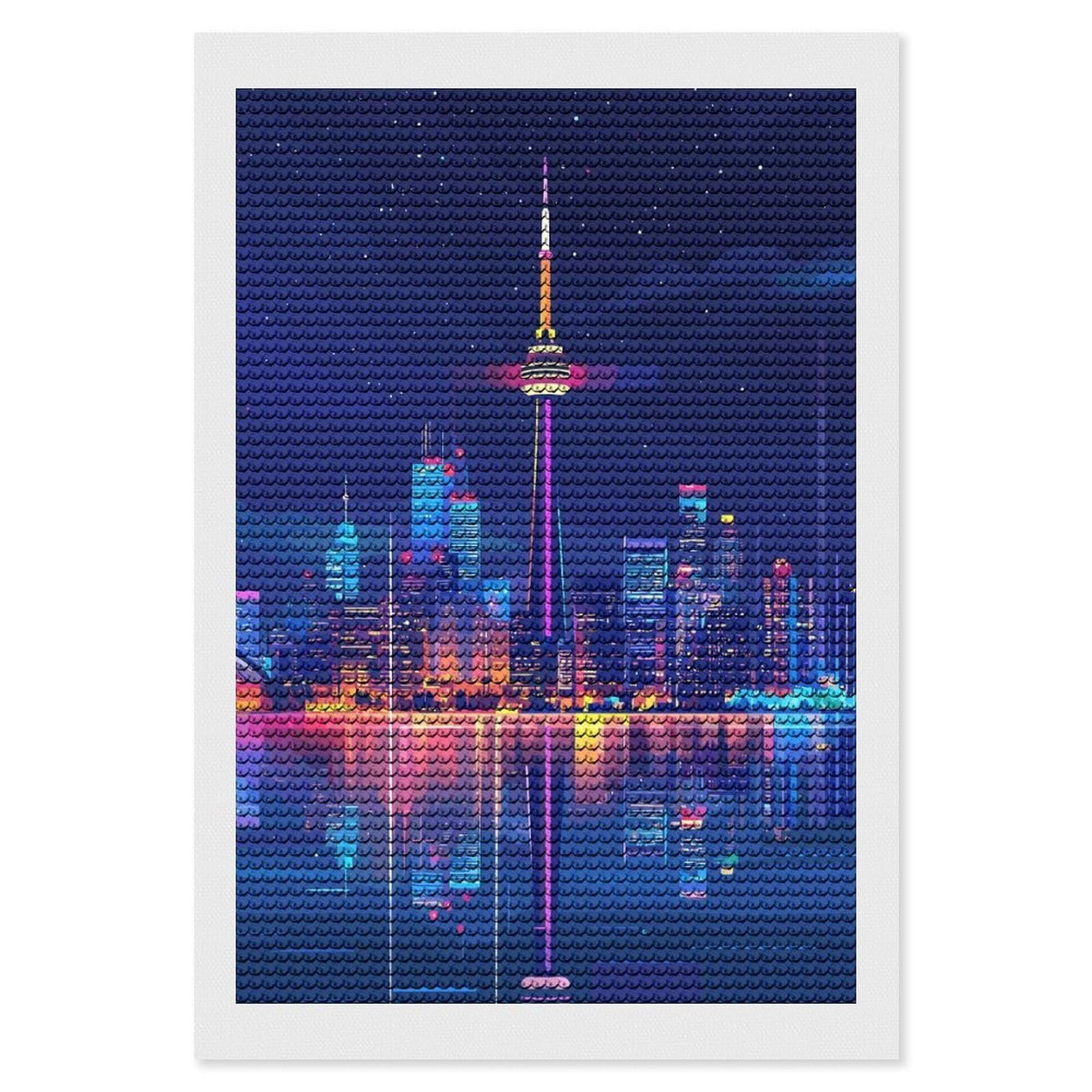 Junmoney Toronto Skyline at Night Diamond Painting Set 8"x12", for Adults, Decorate Your Room, Thoughtful Handmade Gift, Boho Decor, with Tool Kit