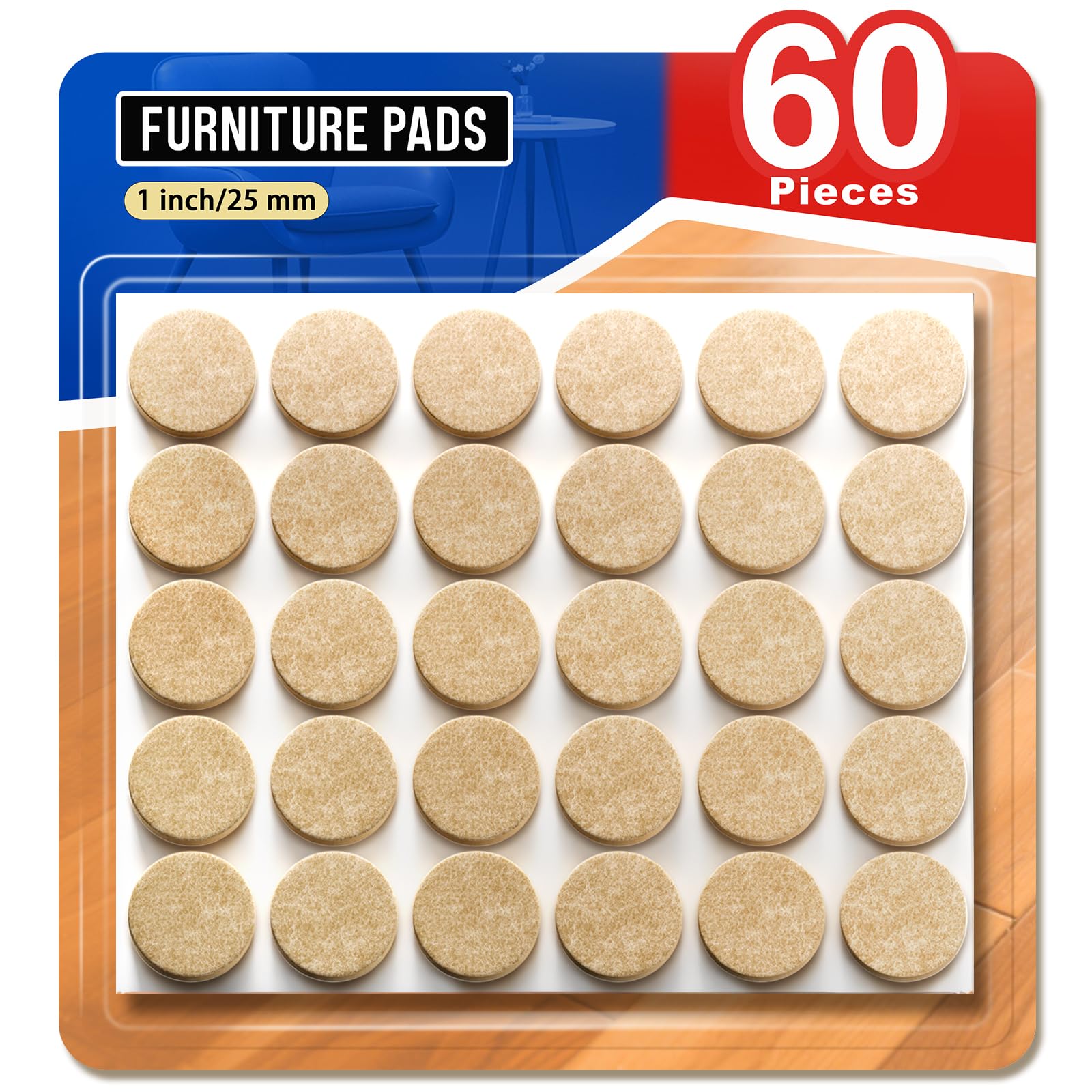 Felt Furniture Pads 60 PCS 1", Felt Pads for Hardwood Floors, Self-Stick Design Premium Floor Protectors, Prevent Floor from Scratches Reduce Noise (Beige, Round)