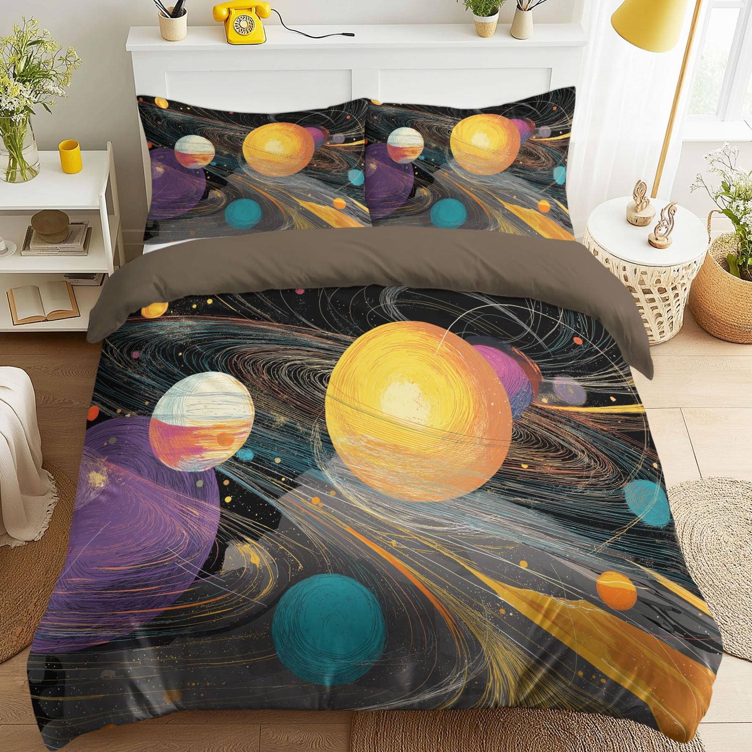 Housse de couette minimaliste sci-fi 160x200 parure de lit planète halo étoiles imprimée