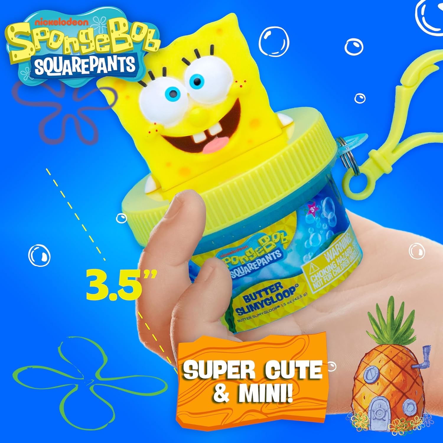Spongebob Squarepants Mini Butter SLIMYGLOOP Bundle Pack, Includes 3 Scented Butter Slime Keychains – Cotton Candy, Bubblegum, Pineapple