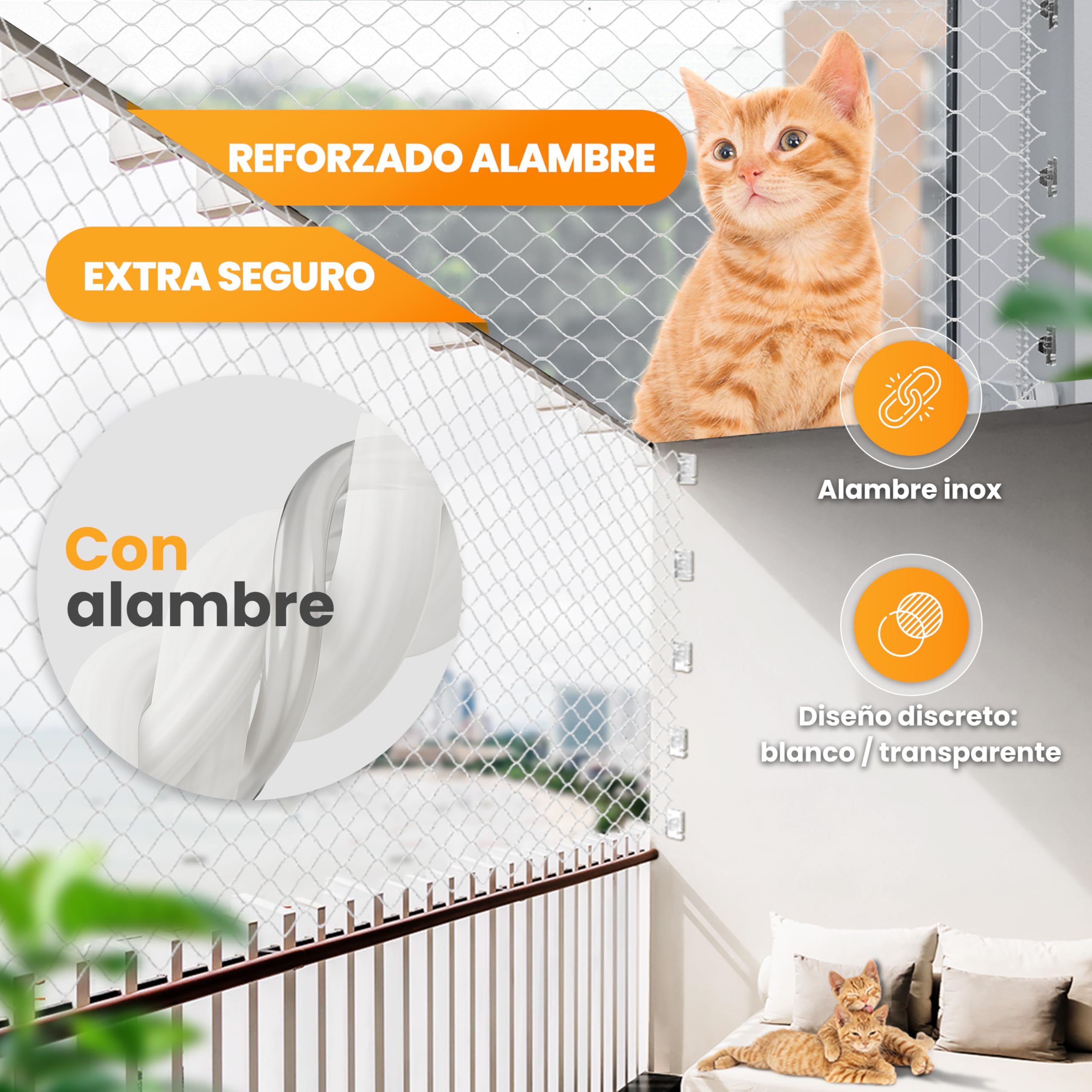 Naturiz Red para gatos para balcón sin agujeros, 3 x 4 m, red para gatos reforzada con alambre transparente/blanco, incluye ganchos adhesivos, red de protección para gatos para balcón y ventana, red