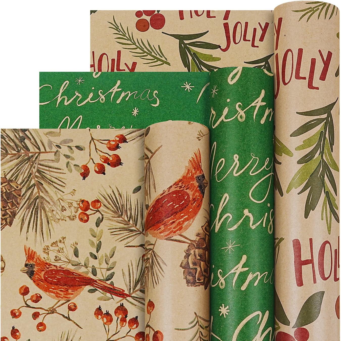 Christmas Wrapping Paper Rolls - 3 Rolls Green and Brown Kraft Xmas Wrapping Paper, Bird, Pine Cone, Holly Jolly, "Merry Christmas" Design Gift Wrap Paper for Xmas, New Year - 43cm x 3M each Roll