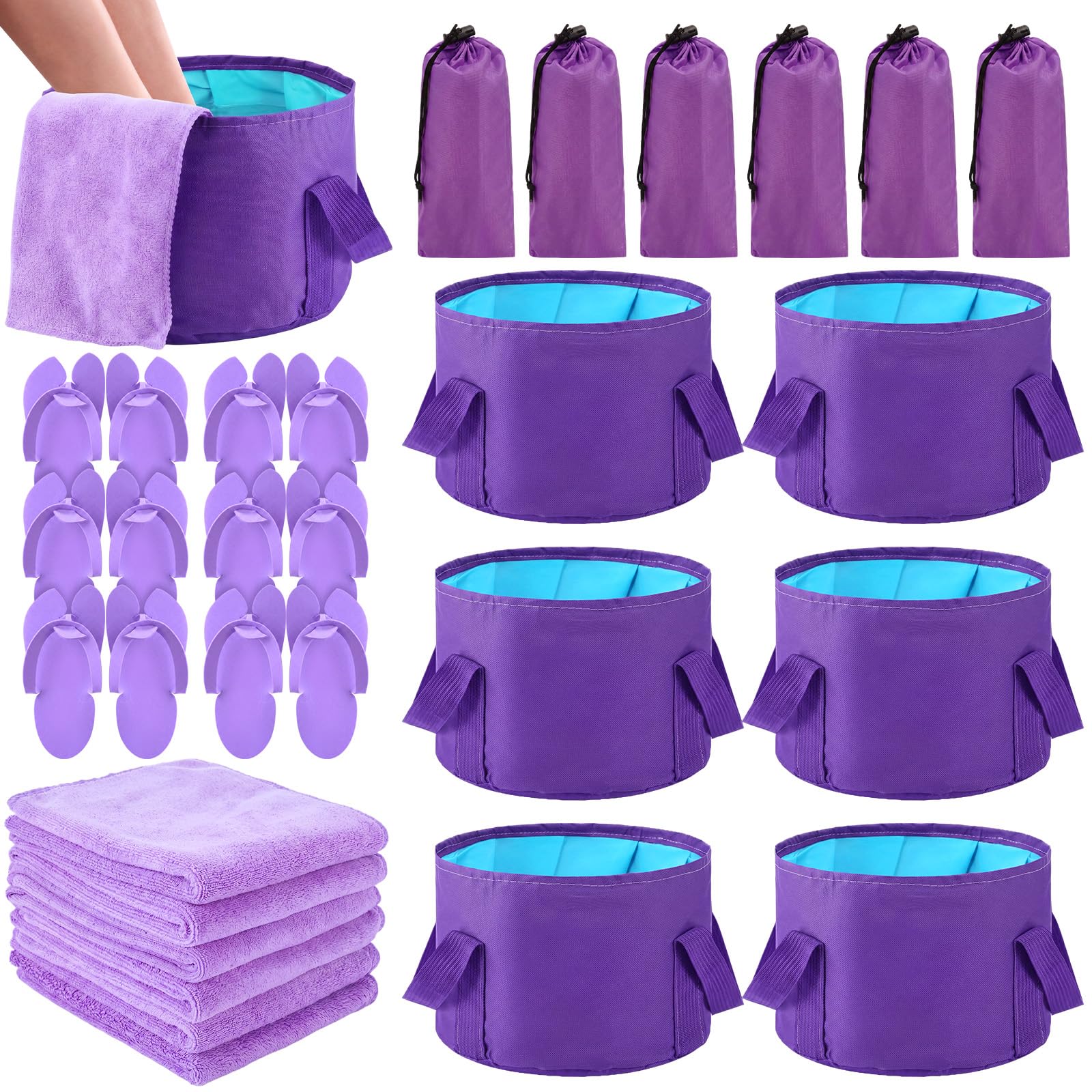 FillTouch 6 Sets faltbares Fußbad-Set, 15 l, zusammenklappbare Fußbadewanne, Badezimmer-Handtücher, Damen, Erwachsene, faltbare Hausschuhe mit Aufbewahrungstasche, Spa, Soak-Pediküre, Bad für Reisen