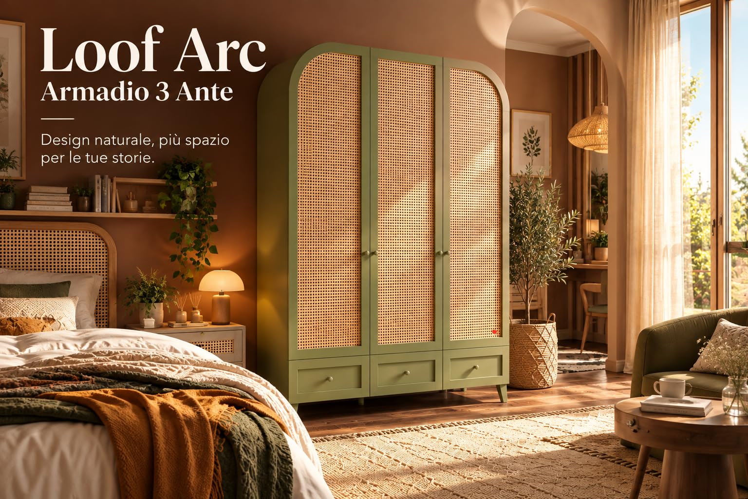 Donne's Home Loof Arc Armadio Camera da Letto 3 Ante Battenti con Ripiani e Cassetti, Guardaroba per Cameretta con Appendiabiti e LED Interno, Chiusura Ammortizzata