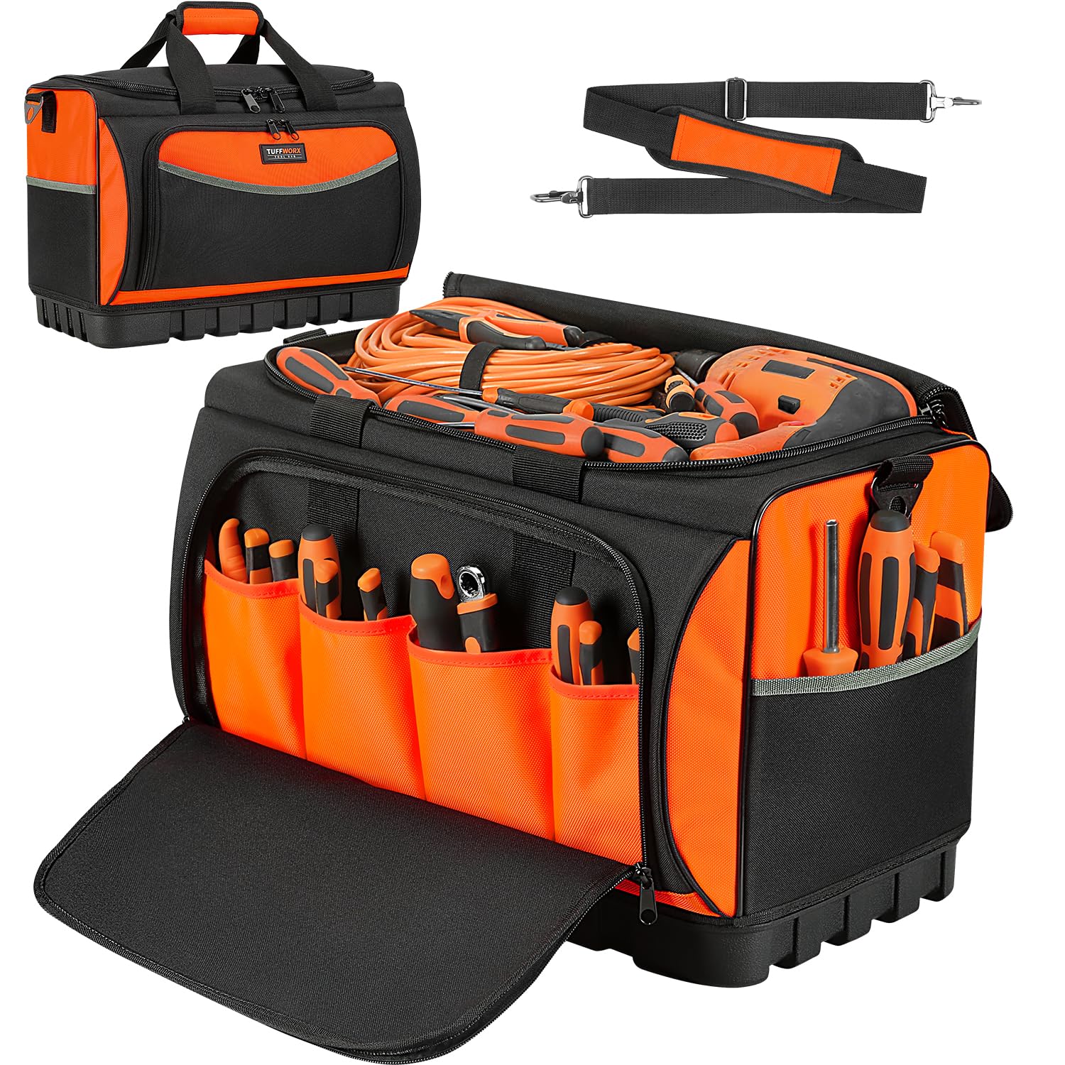TUFFWORX Wide Mouth Tool Bag with 18 Pockets, 50 x 30 x 33 CM, Heavy Duty Electrician Tool Bags, Tool Storage Organiser with Waterproof Tough Base, Orange/Black, 20 Inch