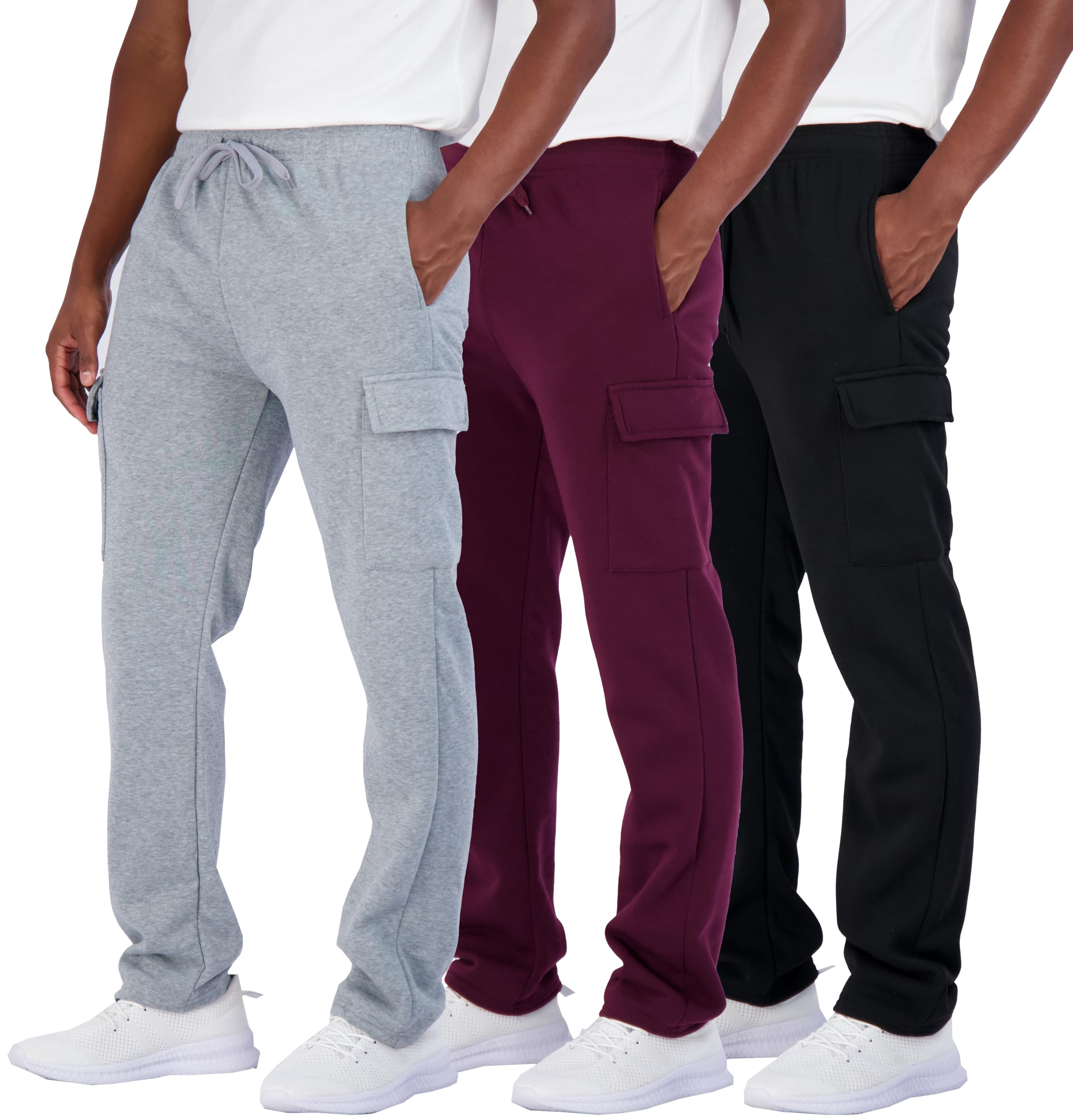 Real Essentials3 Pack: Men's Tech Fleece Active Athletic Casual Open Bottom Cargo Sweatpants with Pockets