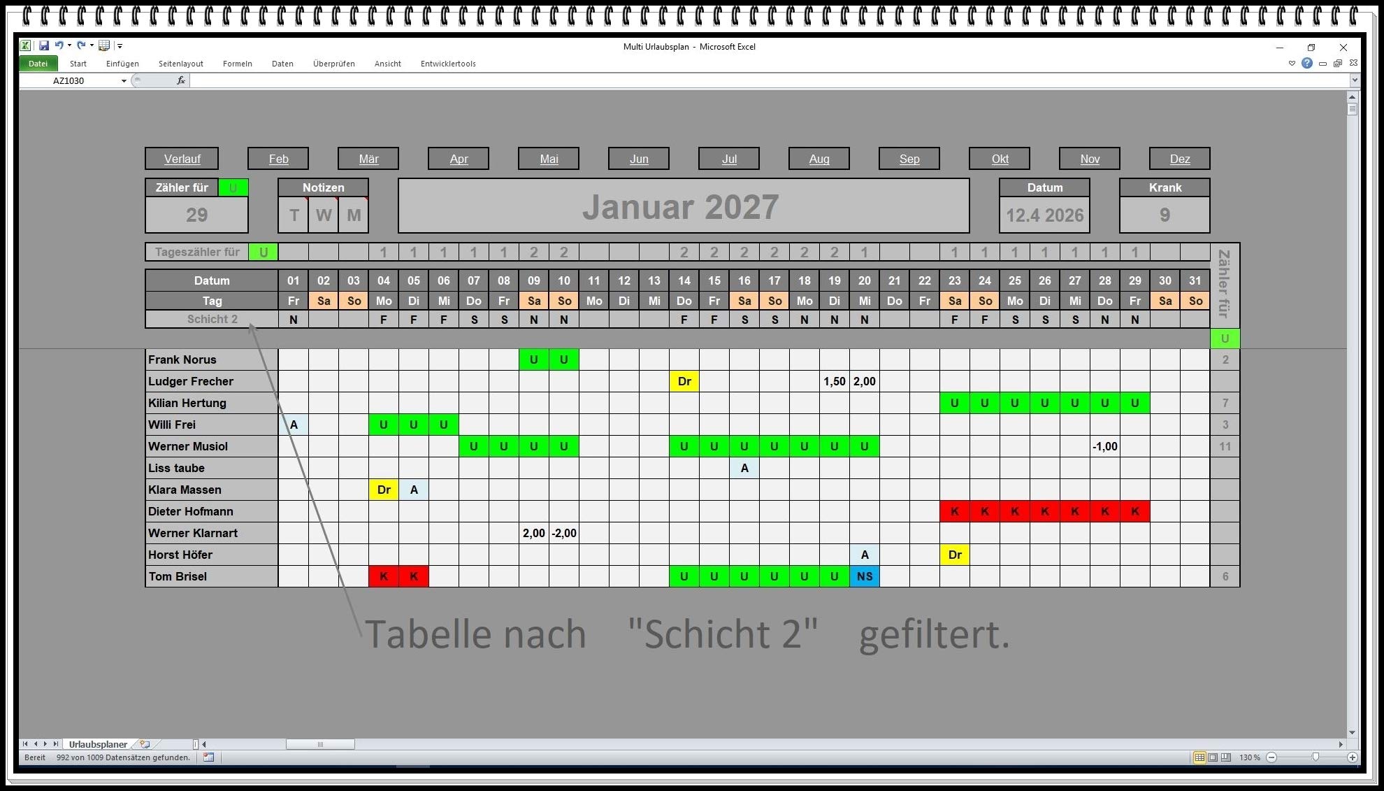 Urlaubsplaner Dienstplaner Schichtplaner Excel Software bis 6 Abteilungen