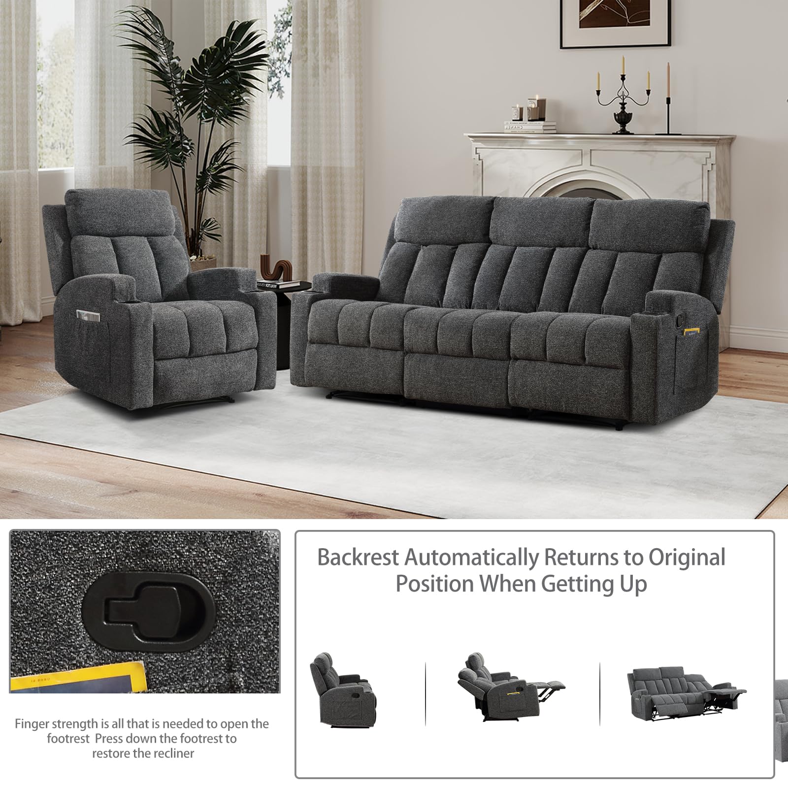 CANMOV Manual Recliner Sofa Set, Fabric Recliner Living Room Furniture Sets, 1 Seat Reclining Chair and a 3 Seat Sofa Furniture Set with Side Pockets and Cup Holders, Dark Grey view 4