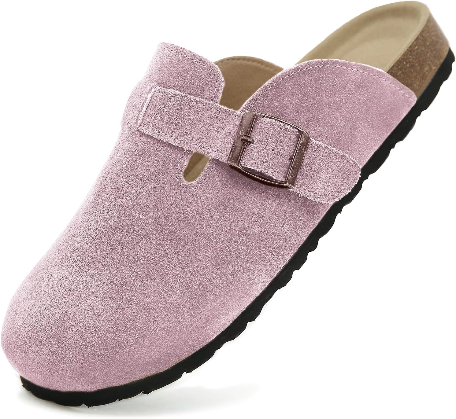 Dumalum Suede Clogs for Women and Men - Adjustable Buckle Slip-on Cork Footbed Mules with Antislip Sole - Unisex Slippers